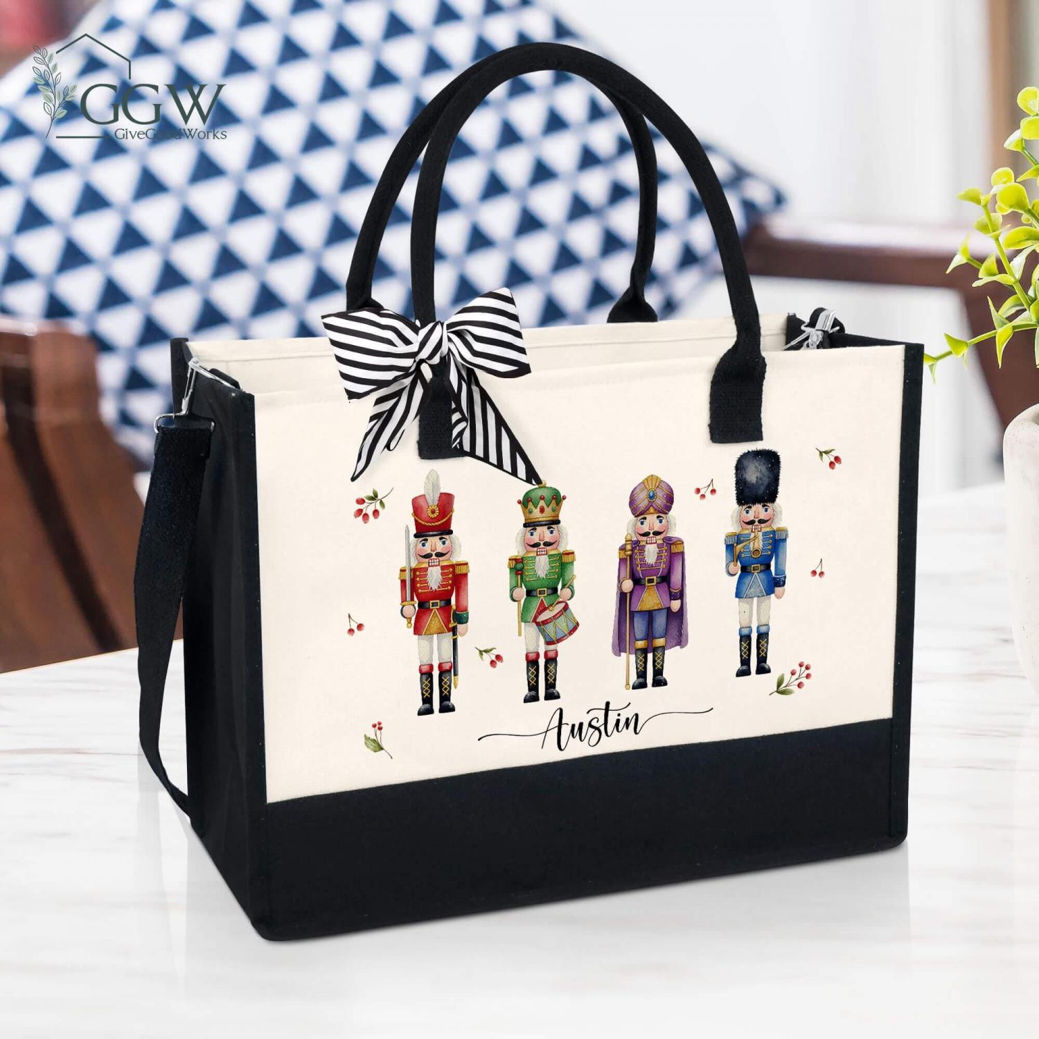 Custom Name Nutcracker Tote Bag, Christmas Nutcracker Tote Bag, Ballet Dancer Gift, Christmas Gift Bag, Vacation Tote Bag, Nutcracker Gifts