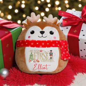 Personalised Reindeer Very First Christmas Squidgy. Custom Festive Xmas Plush. Squishy Mumbles Reindeer Cuddle Teddy. 1st Christmas Keepsake