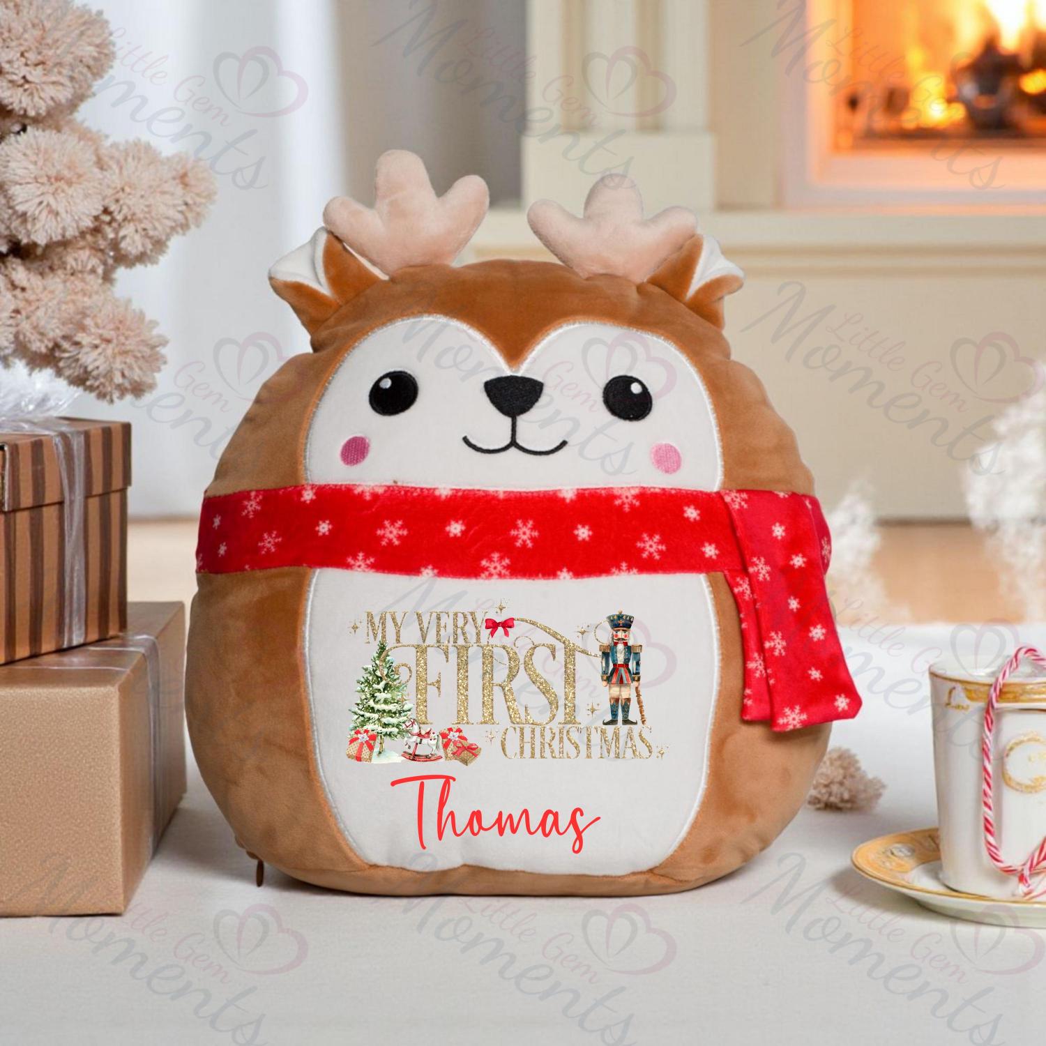 Personalised Reindeer Very First Christmas Squidgy. Custom Festive Xmas Plush. Squishy Mumbles Reindeer Cuddle Teddy. 1st Christmas Keepsake