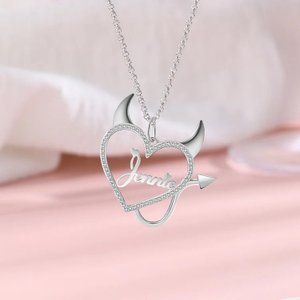 Personalized Monster Name Necklace Halloween Gifts for Her, Custom Name CZ Heart Shape Devil Pendant Necklaces for Women