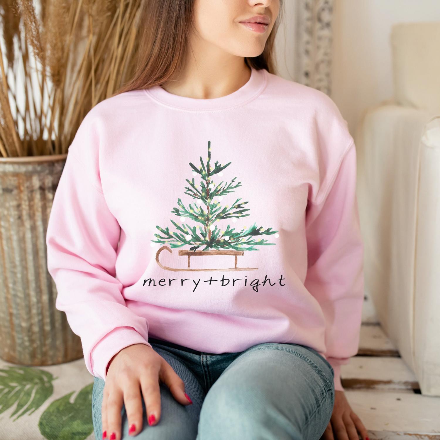Christmas Sweatshirt for Women, Merry and Bright Hooded Sweatshirt, Christmas Tree Crewneck Sweater, Matching Family Group Holiday Shirts