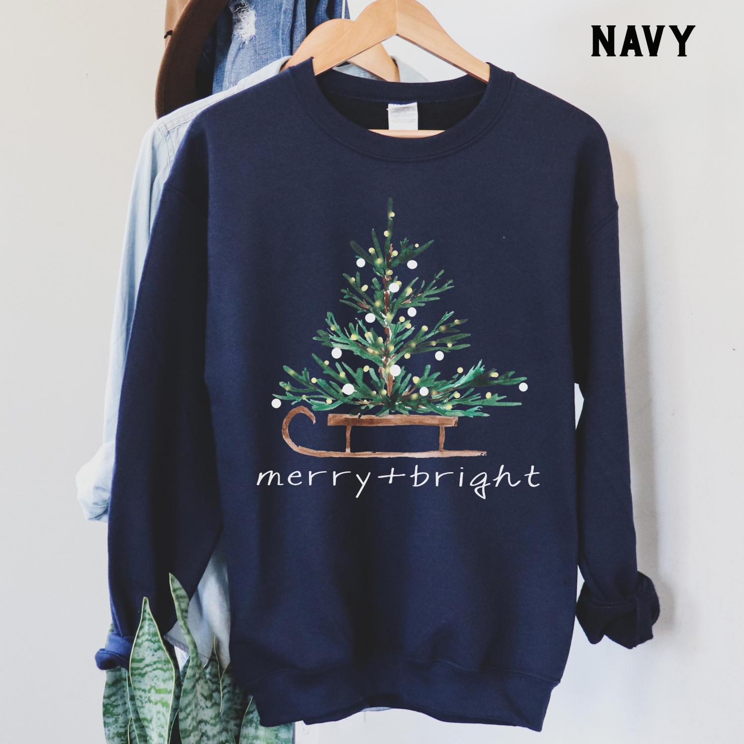 Christmas Sweatshirt for Women, Merry and Bright Hooded Sweatshirt, Christmas Tree Crewneck Sweater, Matching Family Group Holiday Shirts