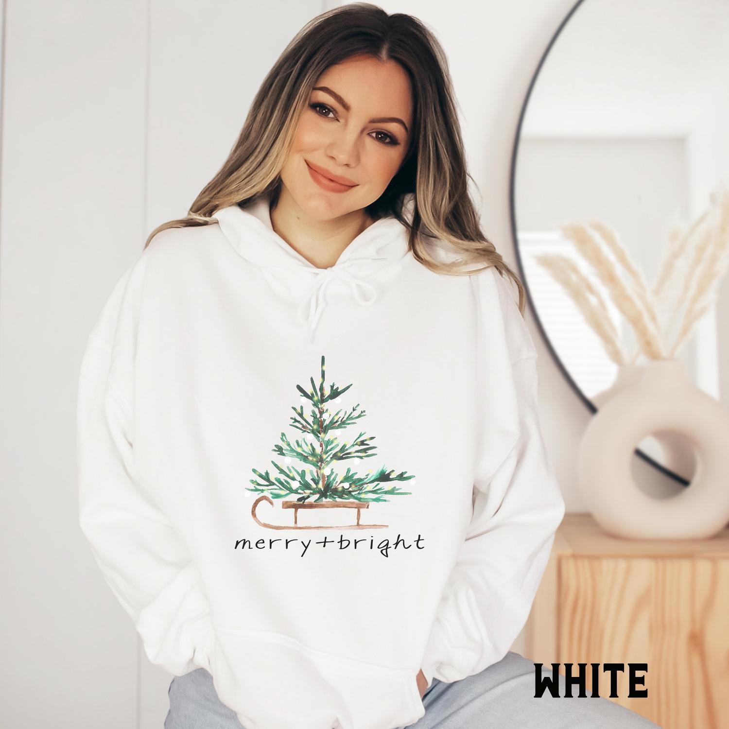 Christmas Sweatshirt for Women, Merry and Bright Hooded Sweatshirt, Christmas Tree Crewneck Sweater, Matching Family Group Holiday Shirts
