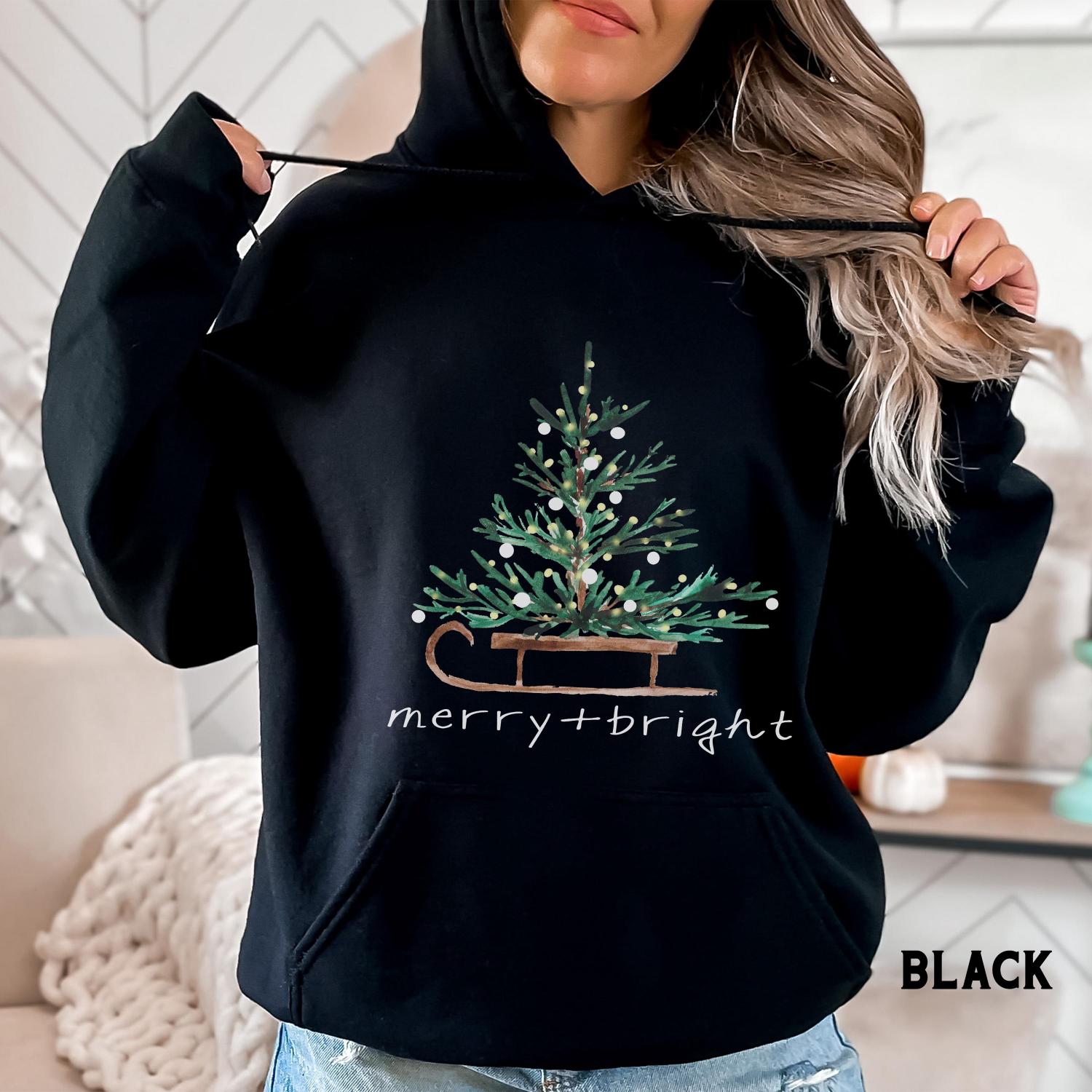 Christmas Sweatshirt for Women, Merry and Bright Hooded Sweatshirt, Christmas Tree Crewneck Sweater, Matching Family Group Holiday Shirts