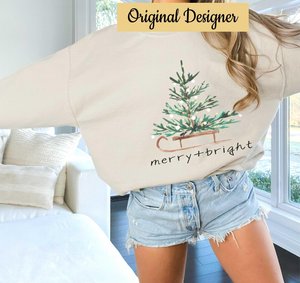 Christmas Sweatshirt for Women, Merry and Bright Hooded Sweatshirt, Christmas Tree Crewneck Sweater, Matching Family Group Holiday Shirts