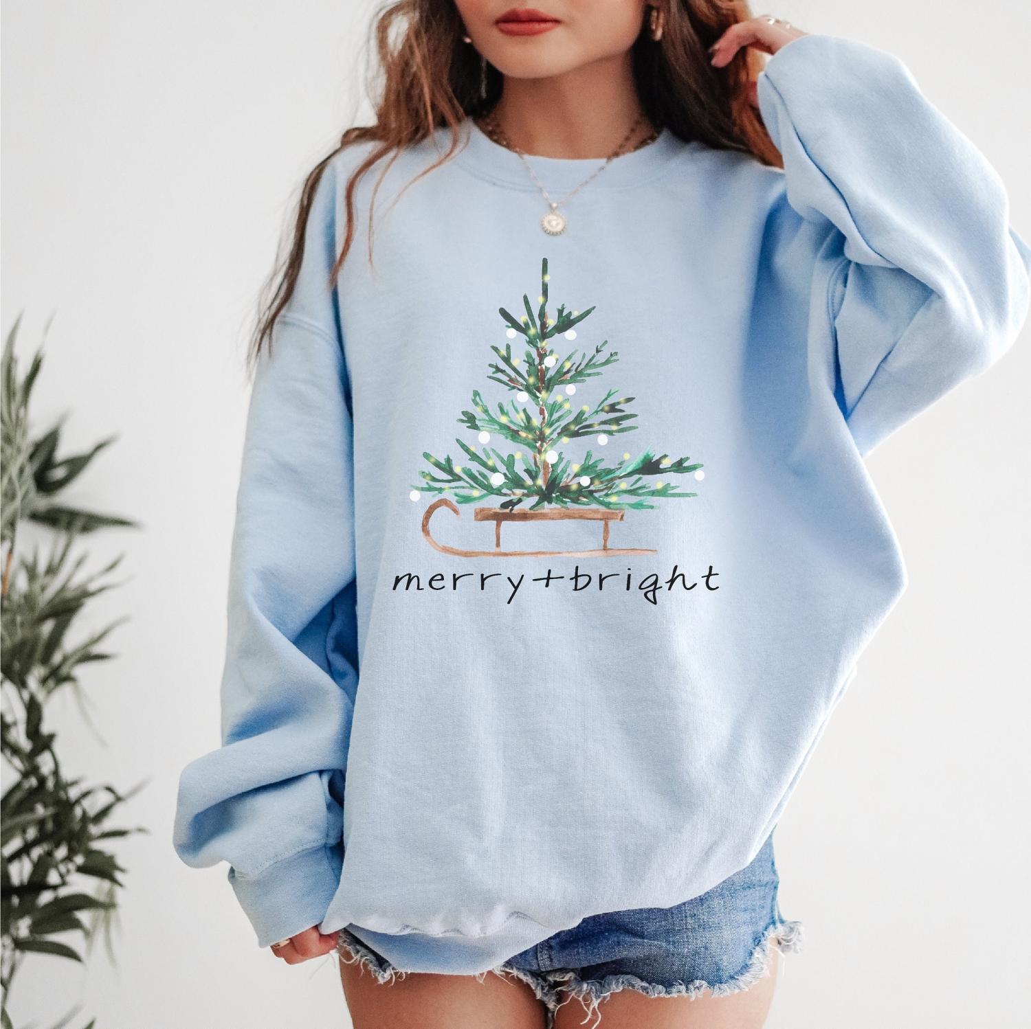 Christmas Sweatshirt for Women, Merry and Bright Hooded Sweatshirt, Christmas Tree Crewneck Sweater, Matching Family Group Holiday Shirts