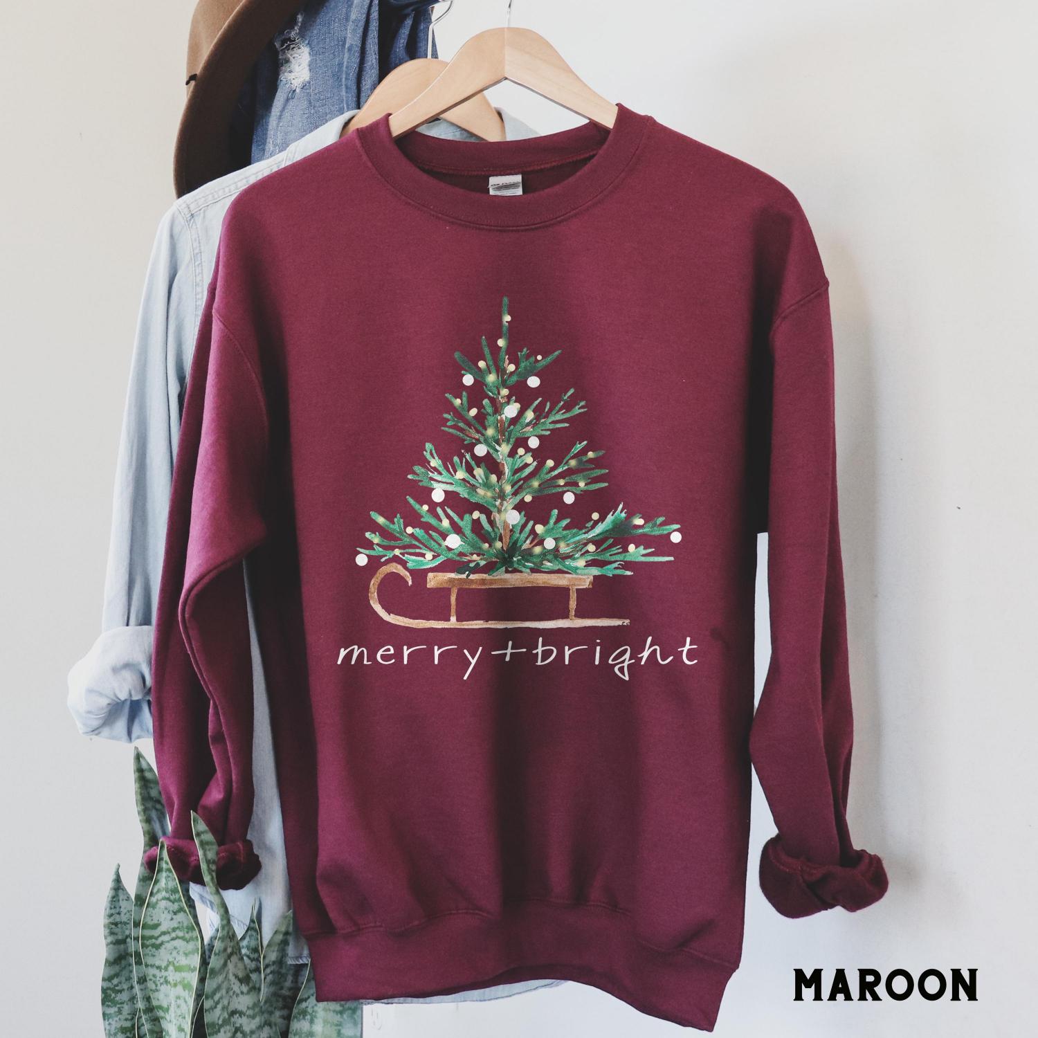 Christmas Sweatshirt for Women, Merry and Bright Hooded Sweatshirt, Christmas Tree Crewneck Sweater, Matching Family Group Holiday Shirts