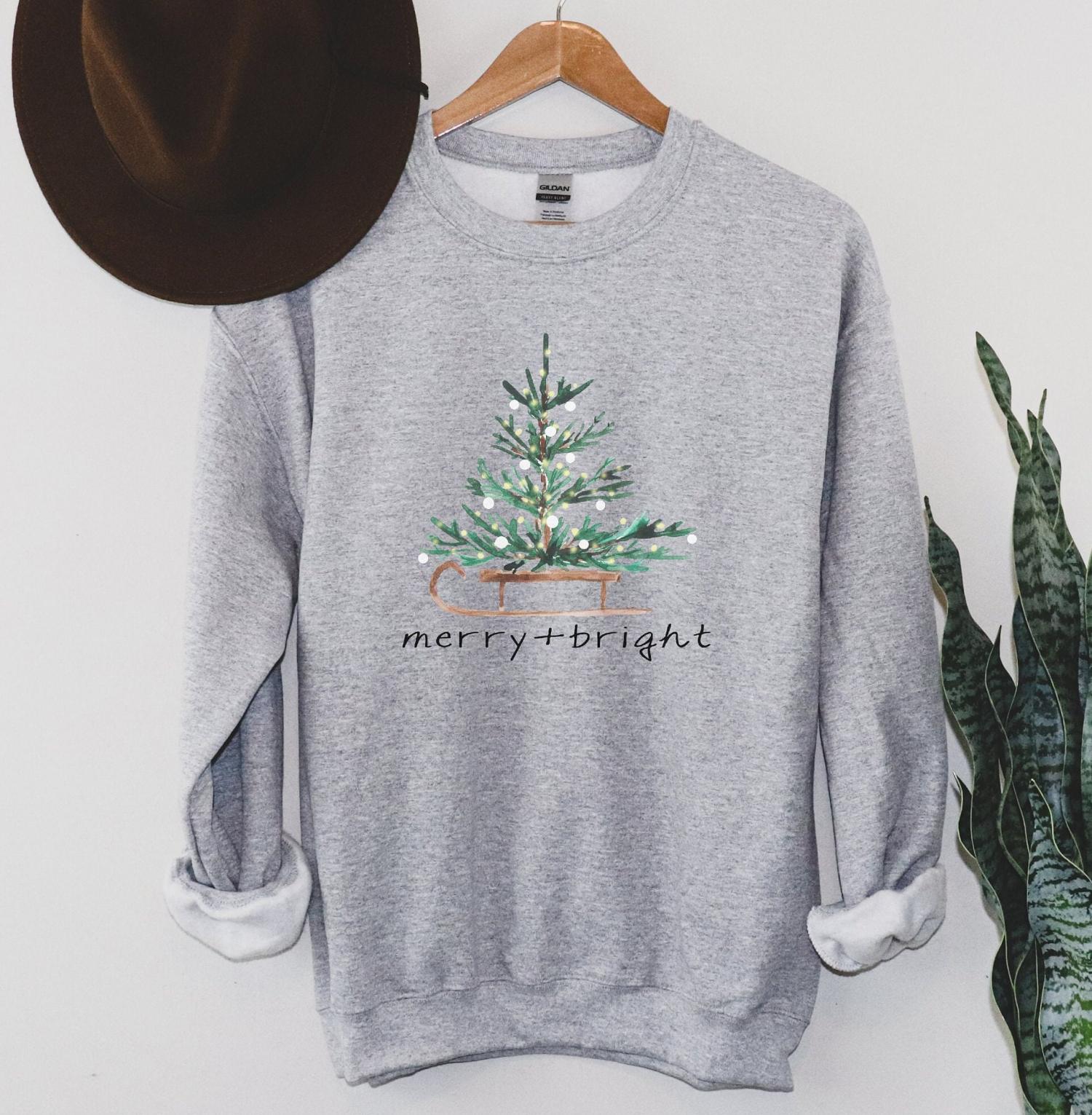 Christmas Sweatshirt for Women, Merry and Bright Hooded Sweatshirt, Christmas Tree Crewneck Sweater, Matching Family Group Holiday Shirts