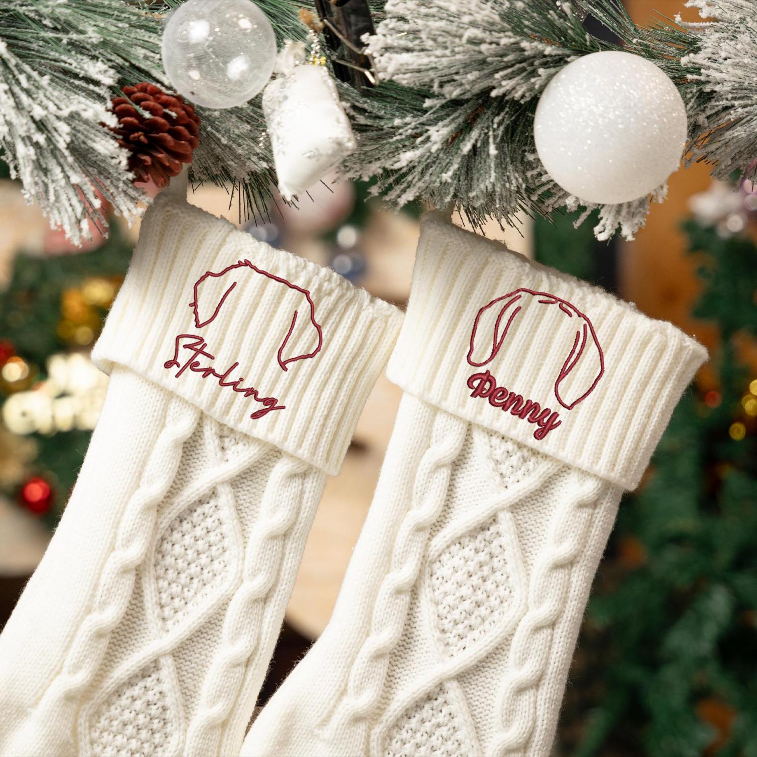 Embroidered Christmas Stockings for Dog Lovers, Personalized Dog Ears Cat Ears Stockings, Holiday Decorations, Christmas Gift for Mom