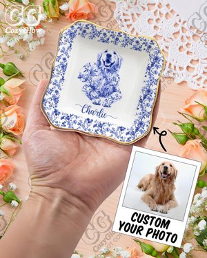 Custom Pet Portrait Ceramic Jewelry Dish, Toile De Jouy, Personalized Gift