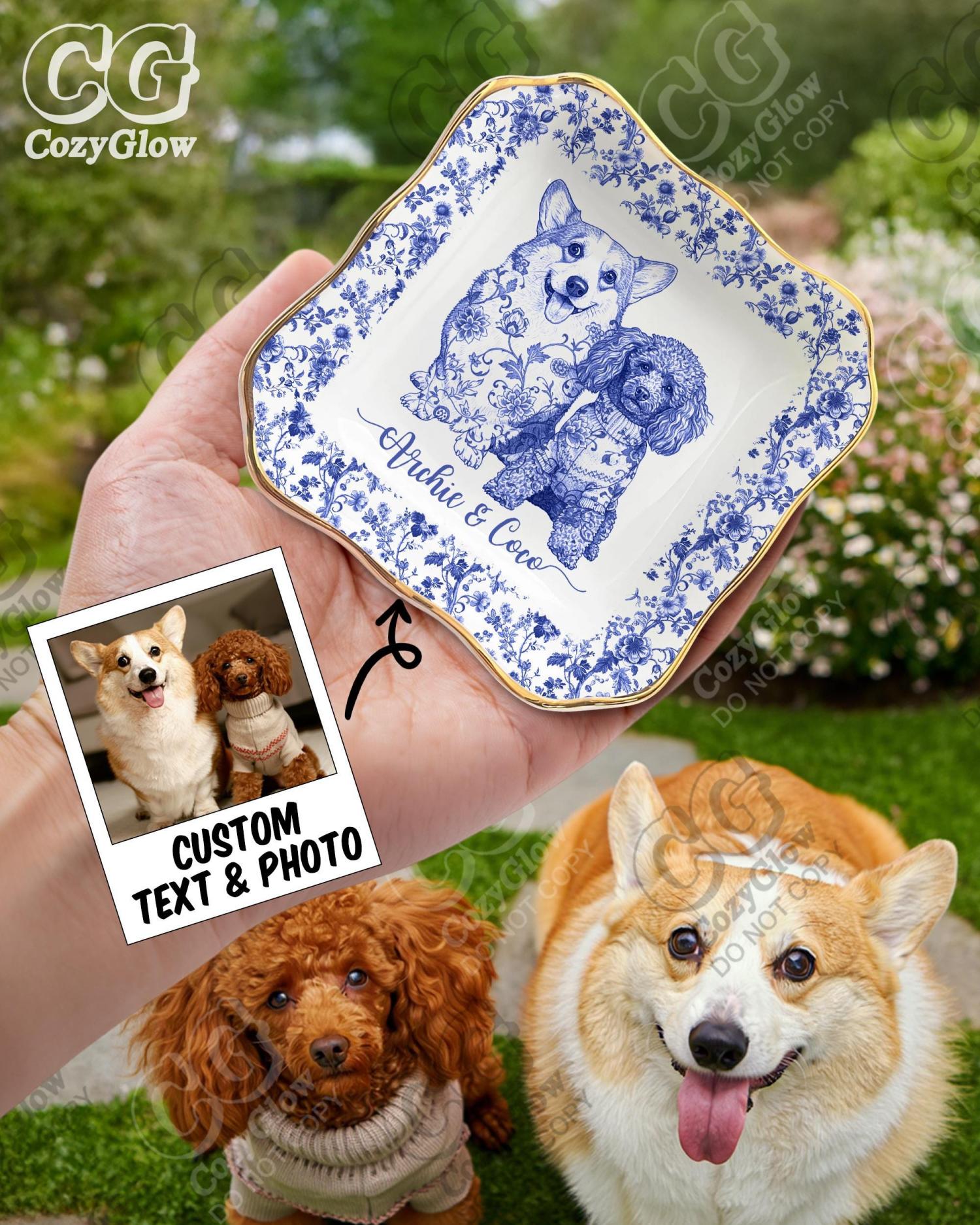 Custom Pet Portrait Ceramic Jewelry Dish, Toile De Jouy, Personalized Gift