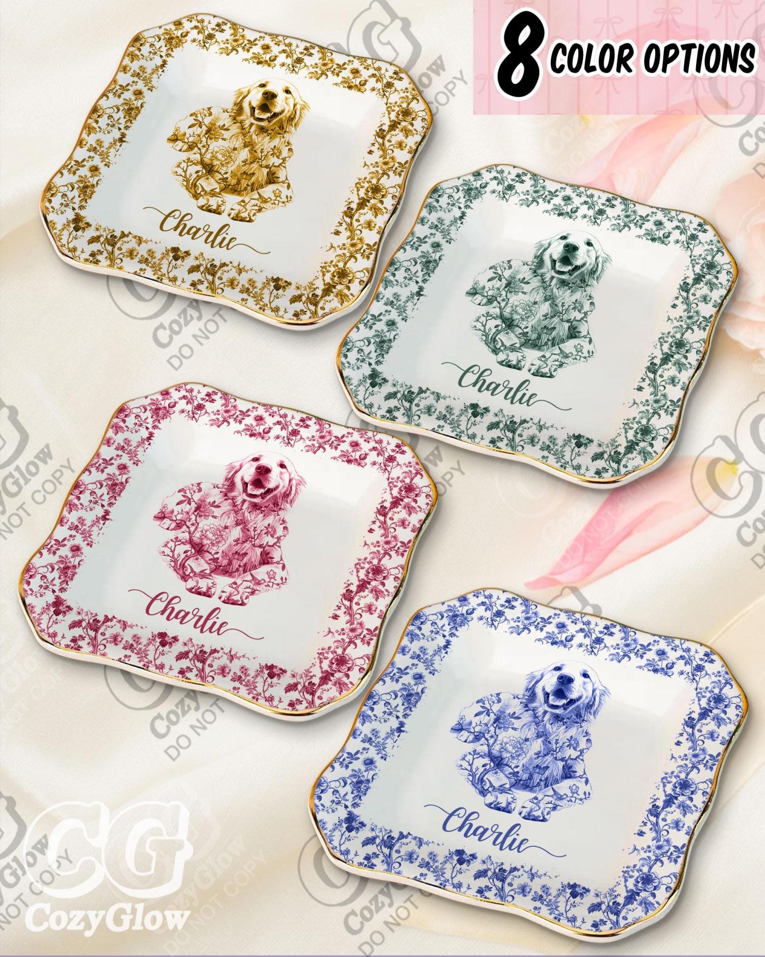 Custom Pet Portrait Ceramic Jewelry Dish, Toile De Jouy, Personalized Gift