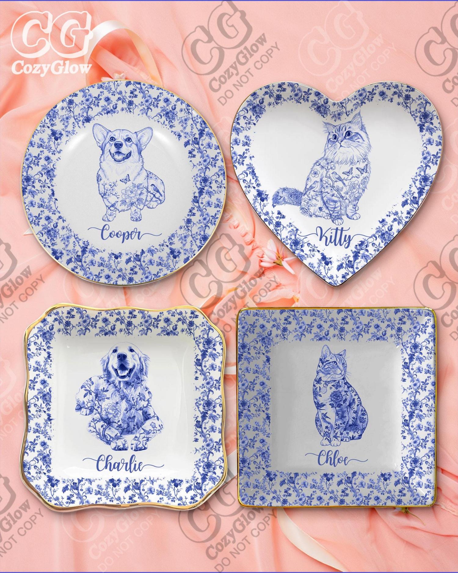 Custom Pet Portrait Ceramic Jewelry Dish, Toile De Jouy, Personalized Gift