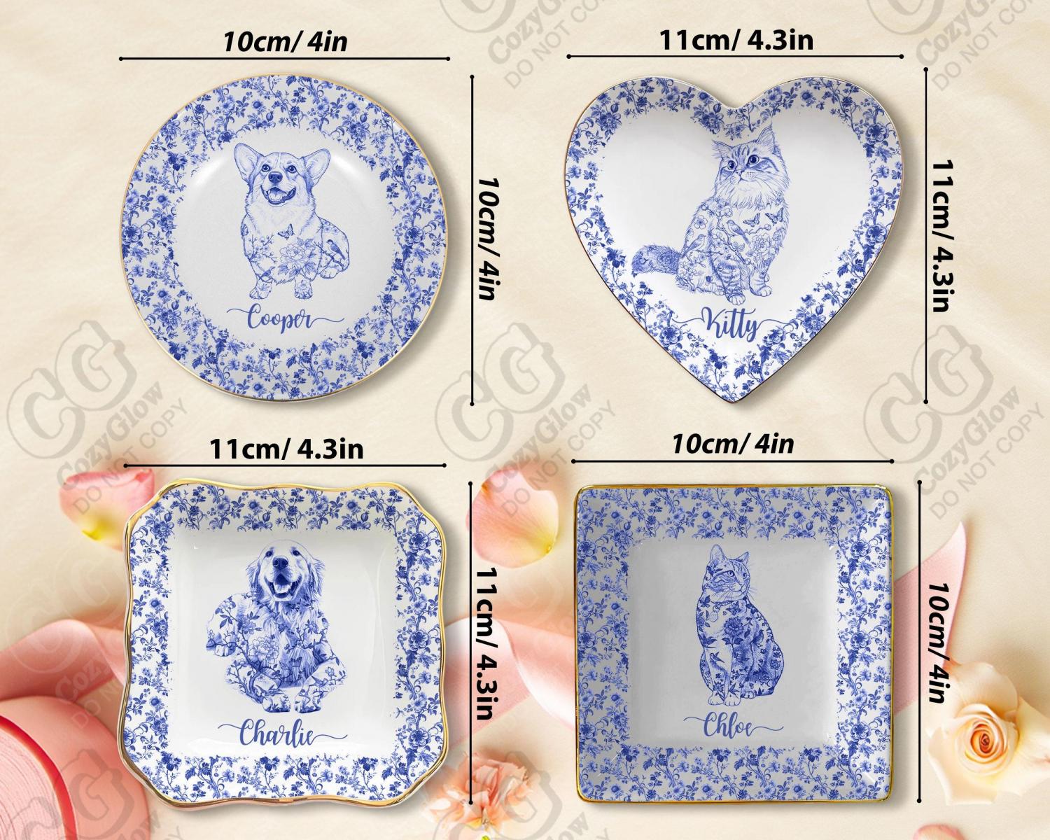 Custom Pet Portrait Ceramic Jewelry Dish, Toile De Jouy, Personalized Gift