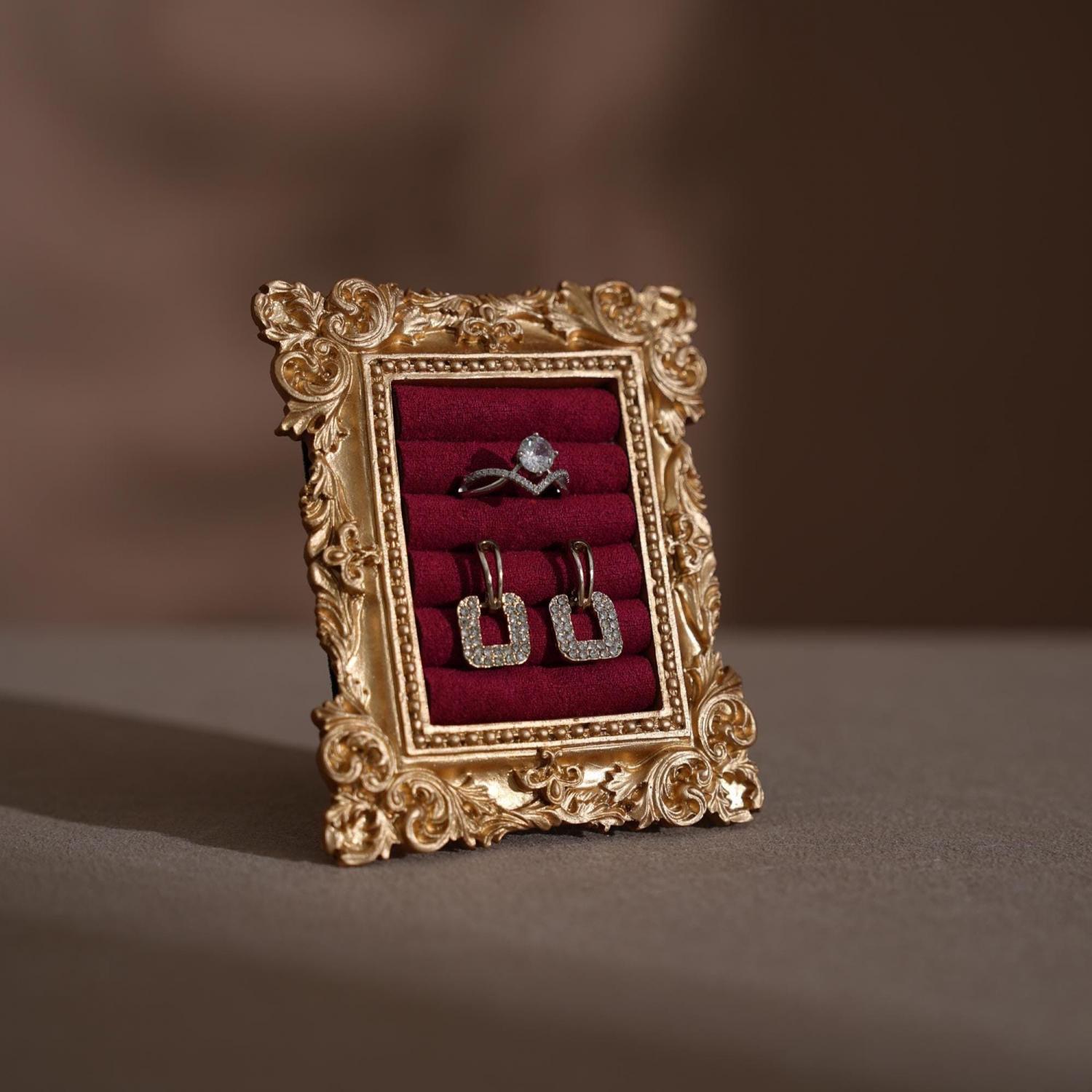 Wedding Ring Holder Jewelry Display Gold Earring Organizer Stand Detail Shot Flat Lay Prop Engagement Gift For Her Bridesmaid Bridal Shower