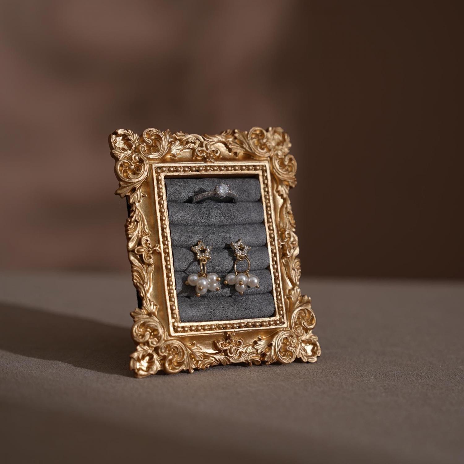 Wedding Ring Holder Jewelry Display Gold Earring Organizer Stand Detail Shot Flat Lay Prop Engagement Gift For Her Bridesmaid Bridal Shower