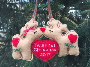 Our First Christmas Ornament, Couples Ornament, Twin's 1st Christmas, Personalized Anniversary Ornament, Custom Kissing Reindeer