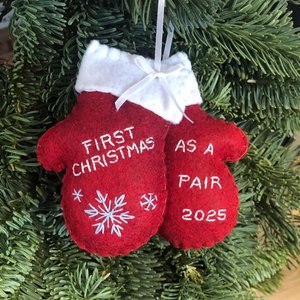 Personalized Newlywed Christmas Ornament: Hand Stitched Wool Felt Mittens