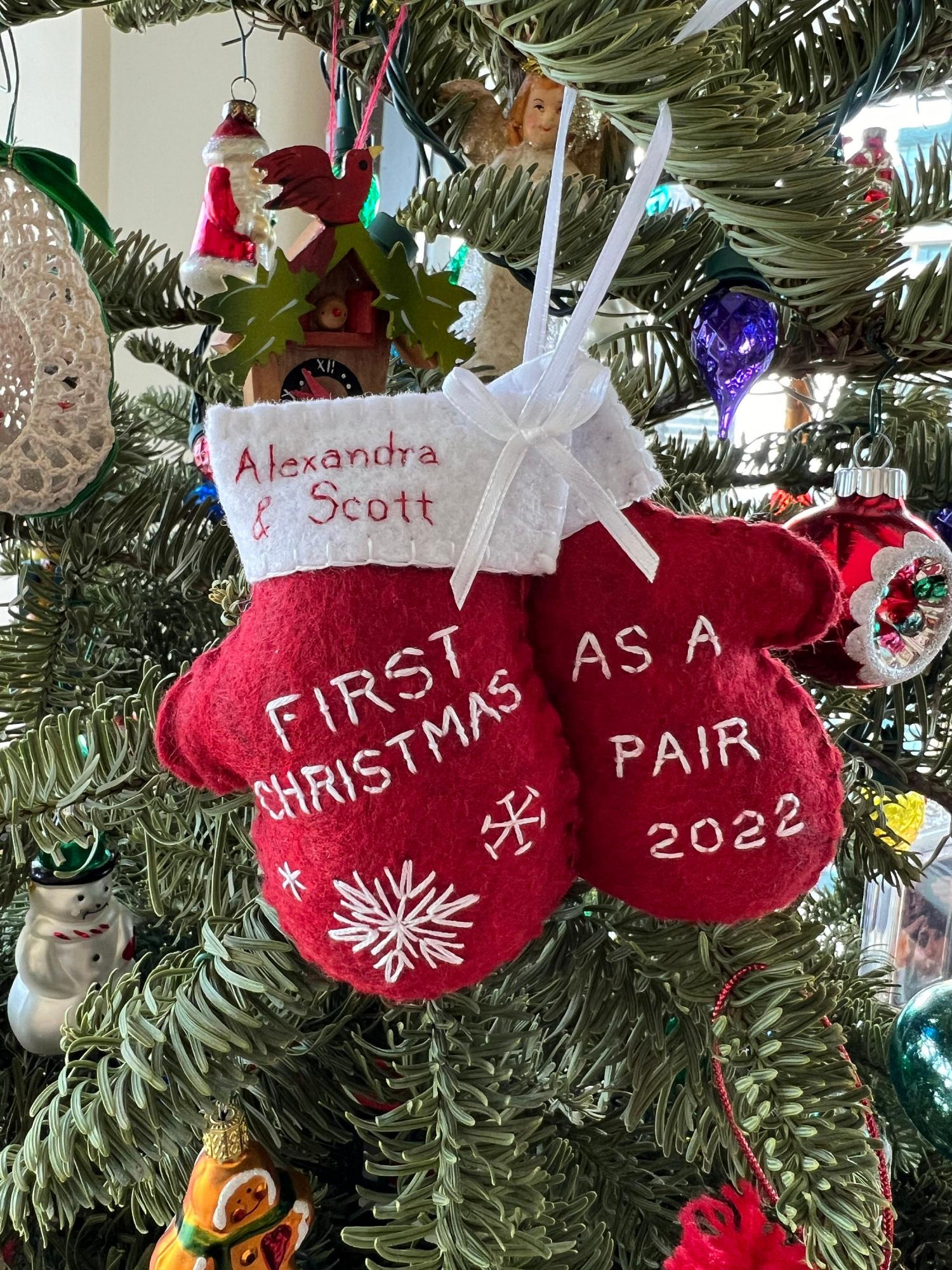 Personalized Newlywed Christmas Ornament: Hand Stitched Wool Felt Mittens