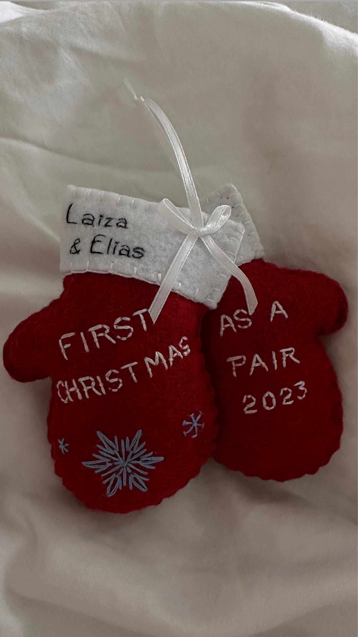 Personalized Newlywed Christmas Ornament: Hand Stitched Wool Felt Mittens