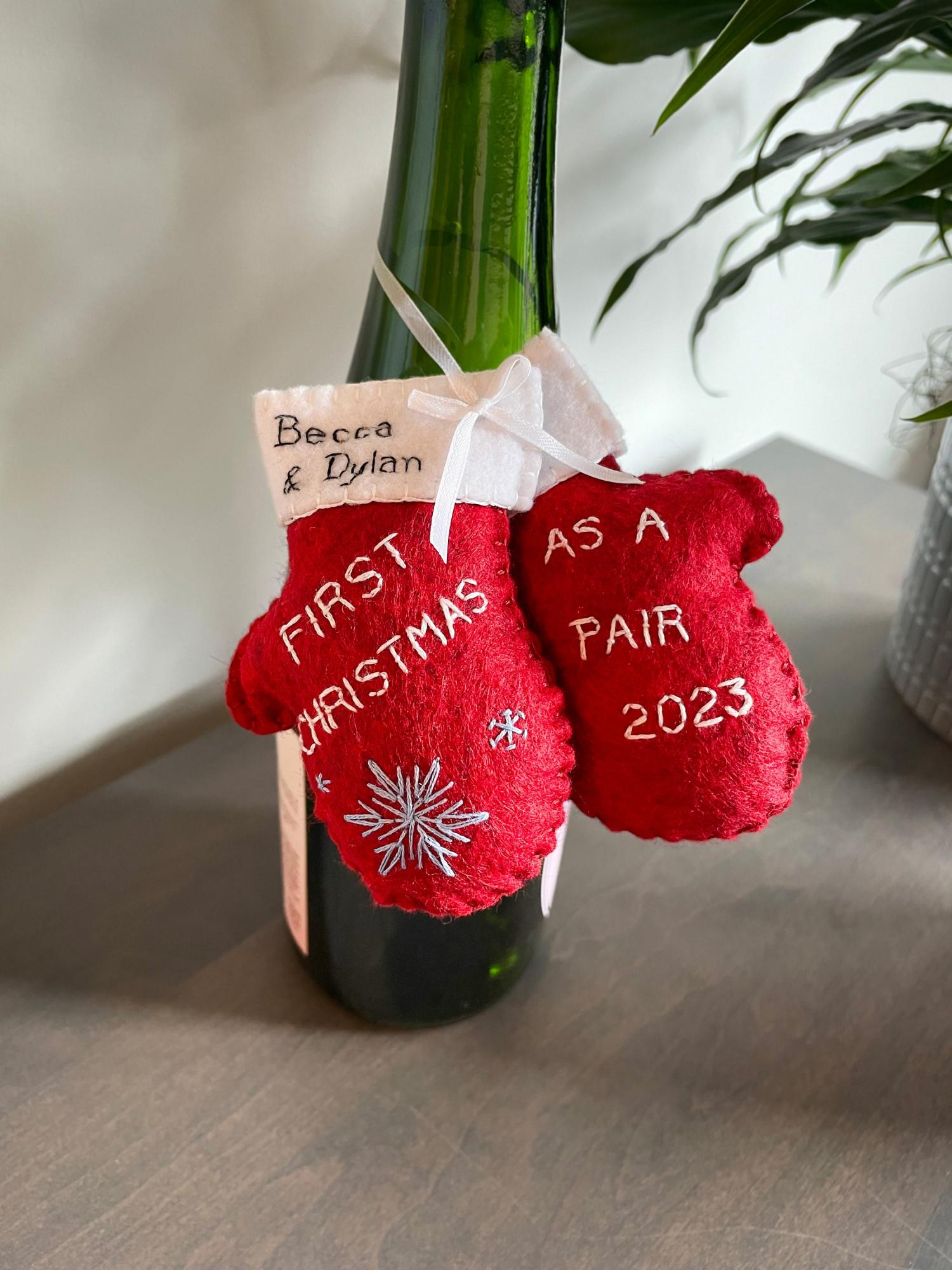 Personalized Newlywed Christmas Ornament: Hand Stitched Wool Felt Mittens