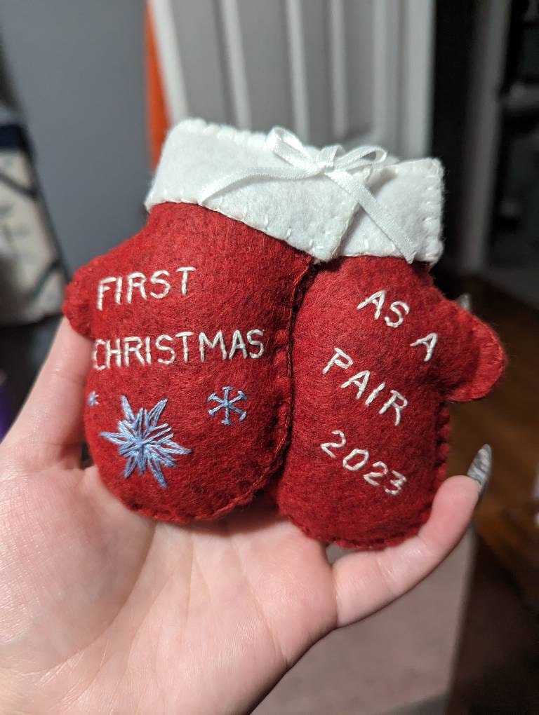 Personalized Newlywed Christmas Ornament: Hand Stitched Wool Felt Mittens