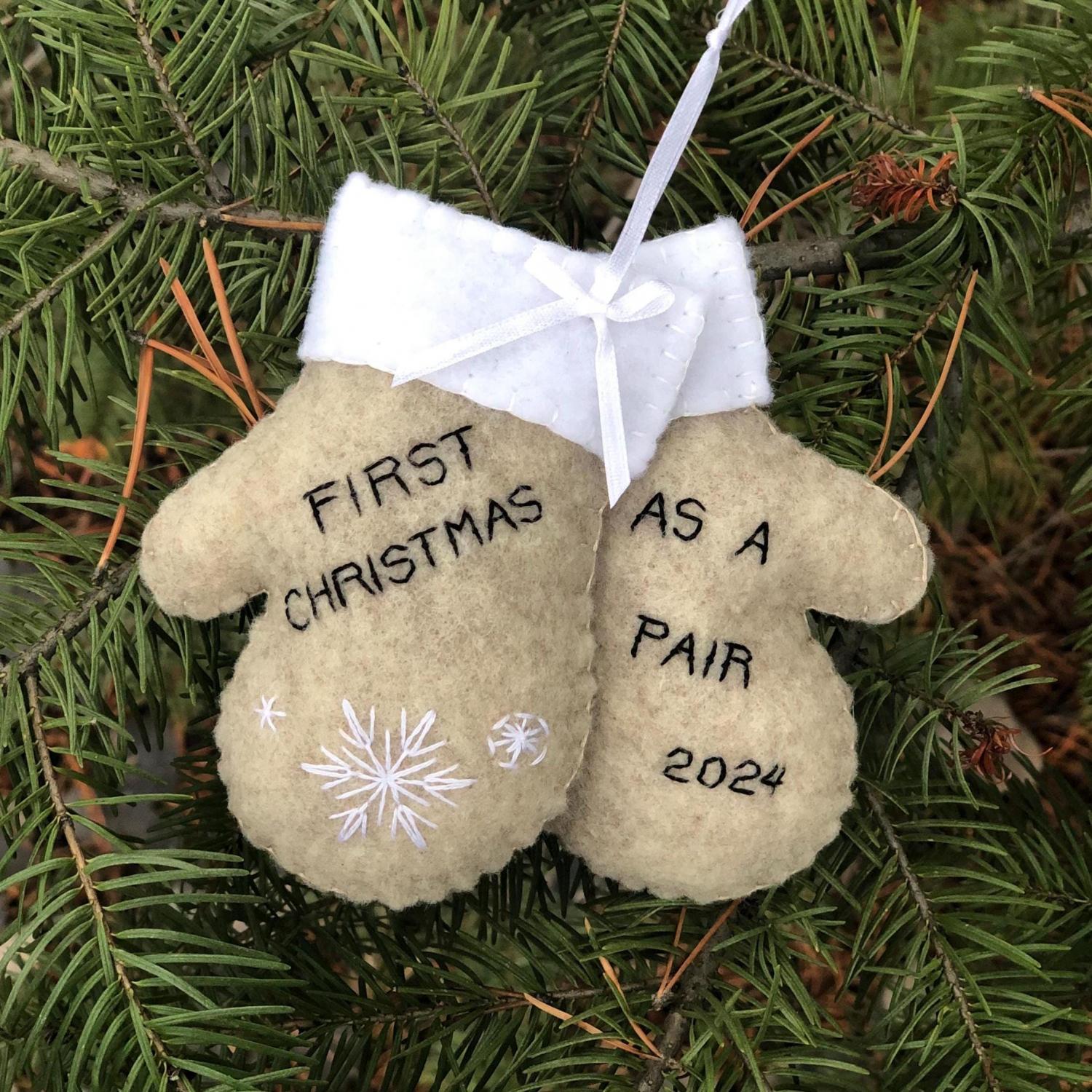 Personalized Newlywed Christmas Ornament: Hand Stitched Wool Felt Mittens