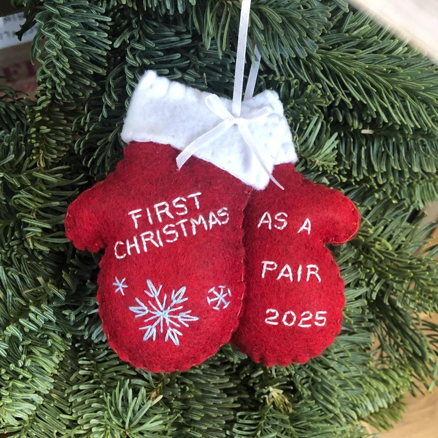 Personalized Newlywed Christmas Ornament: Hand Stitched Wool Felt Mittens