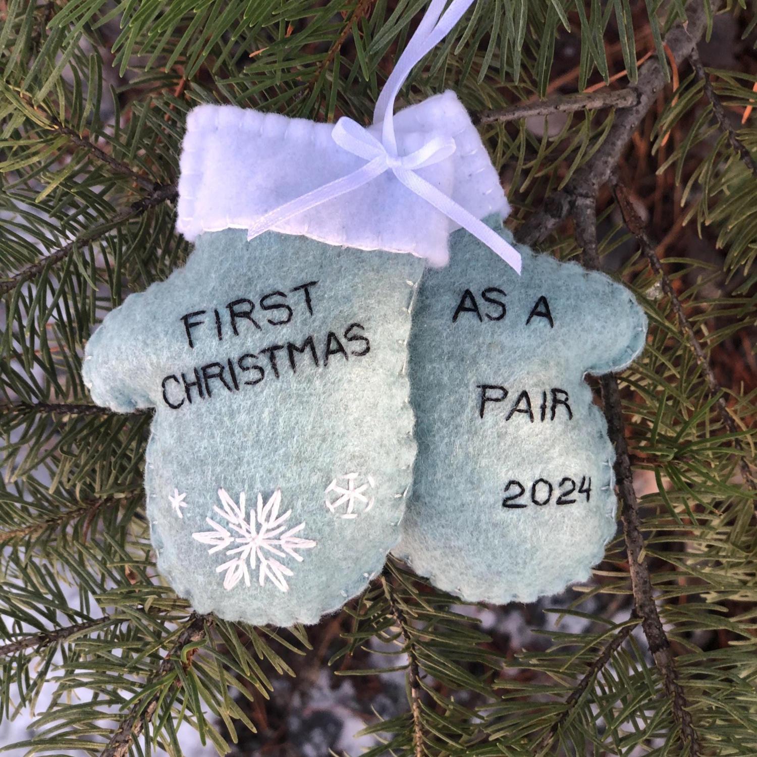 Personalized Newlywed Christmas Ornament: Hand Stitched Wool Felt Mittens