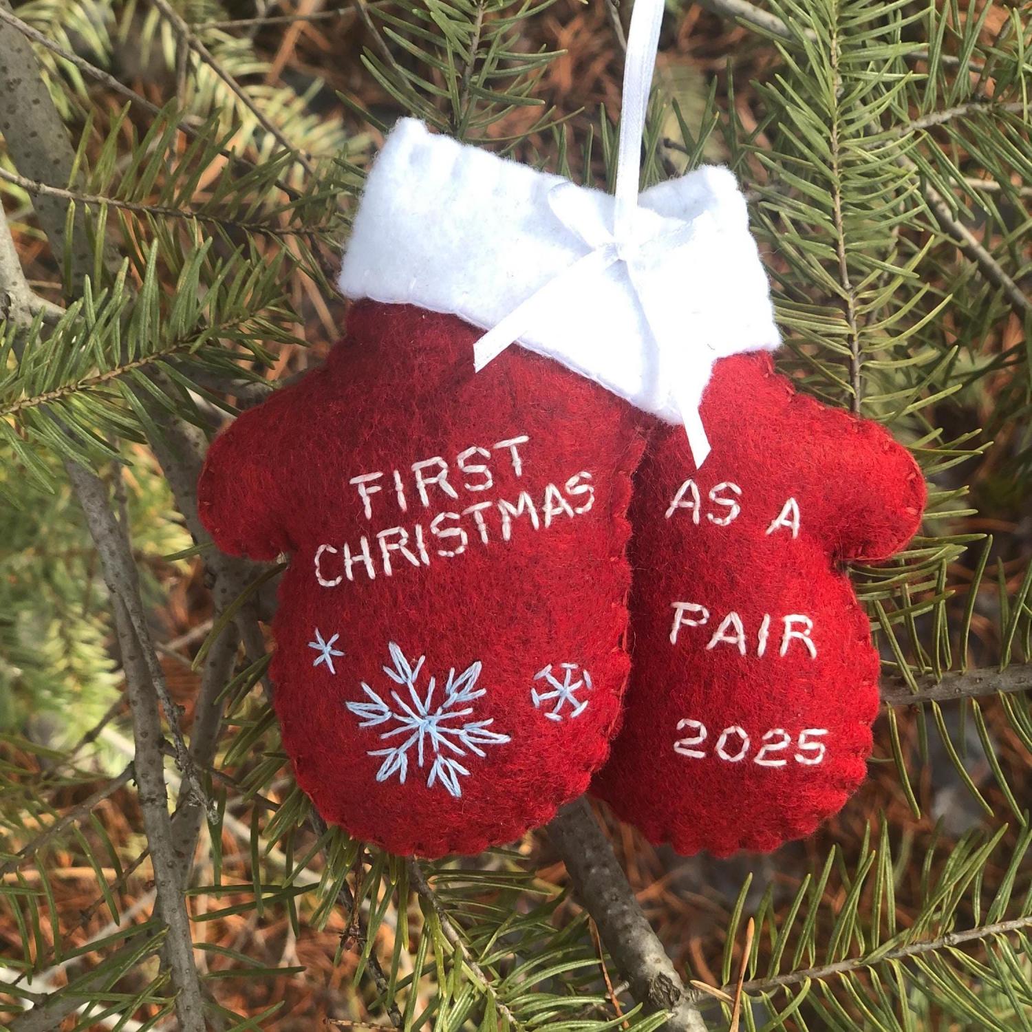 Personalized Newlywed Christmas Ornament: Hand Stitched Wool Felt Mittens