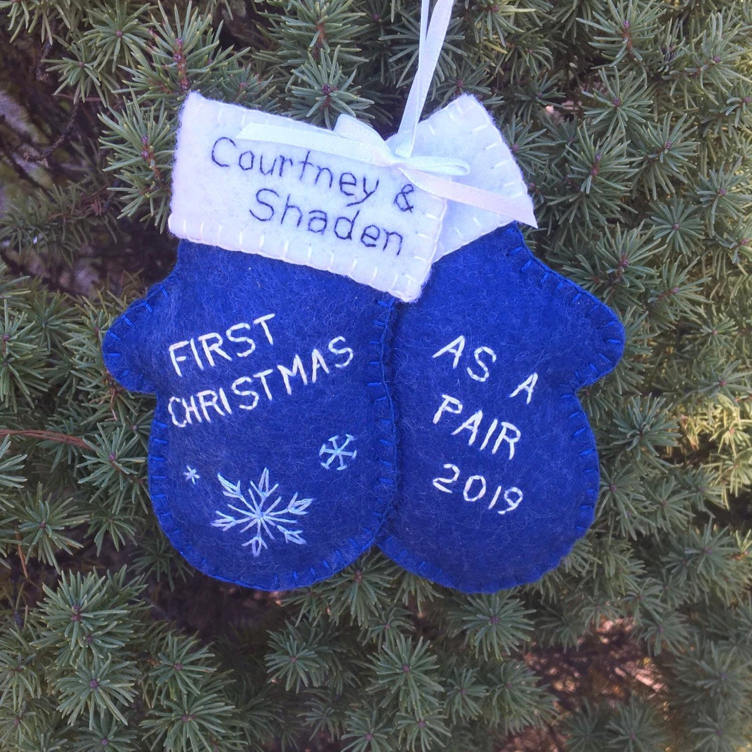 Personalized Newlywed Christmas Ornament: Hand Stitched Wool Felt Mittens