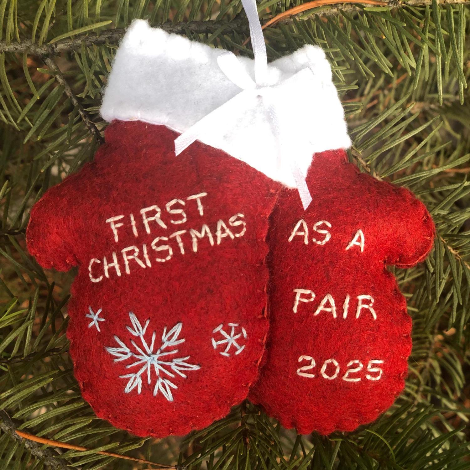 Personalized Newlywed Christmas Ornament: Hand Stitched Wool Felt Mittens