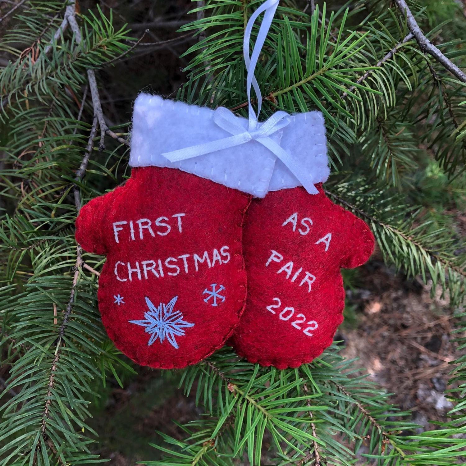 Personalized Newlywed Christmas Ornament: Hand Stitched Wool Felt Mittens
