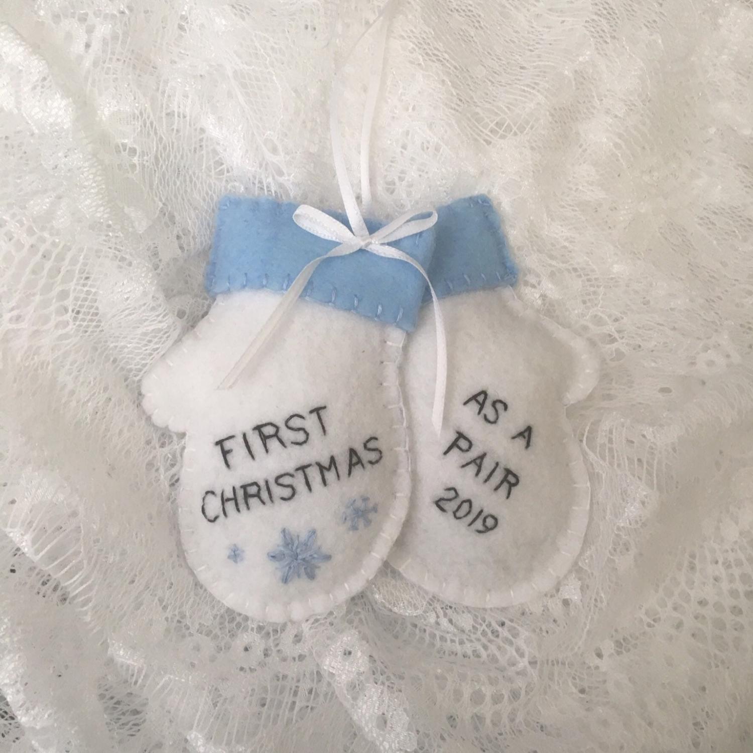 Personalized Newlywed Christmas Ornament: Hand Stitched Wool Felt Mittens