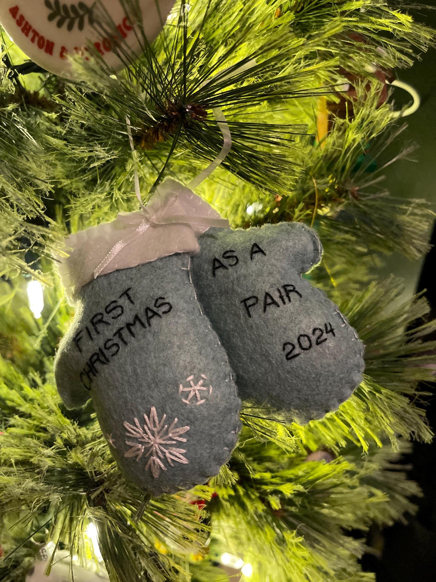 Personalized Newlywed Christmas Ornament: Hand Stitched Wool Felt Mittens