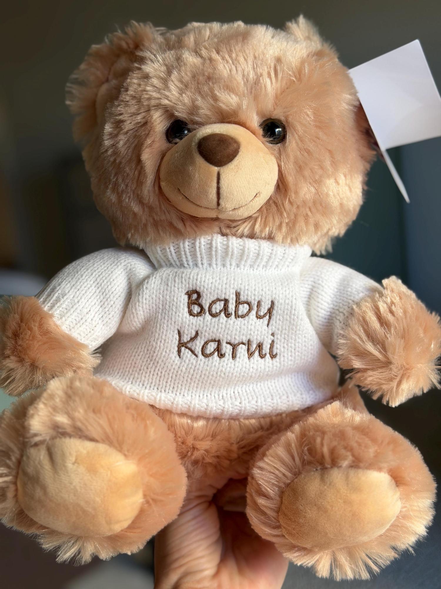 Personalized Teddy Bear - Custom embroidered white knit sweater - Boyfriend/girlfriend gift - Baby shower - Very soft and cute! - Size 10"