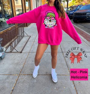 Faux Glitter Santa Sweatshirt: Hot Pink Preppy Christmas Sweater, Kids Xmas Crewneck
