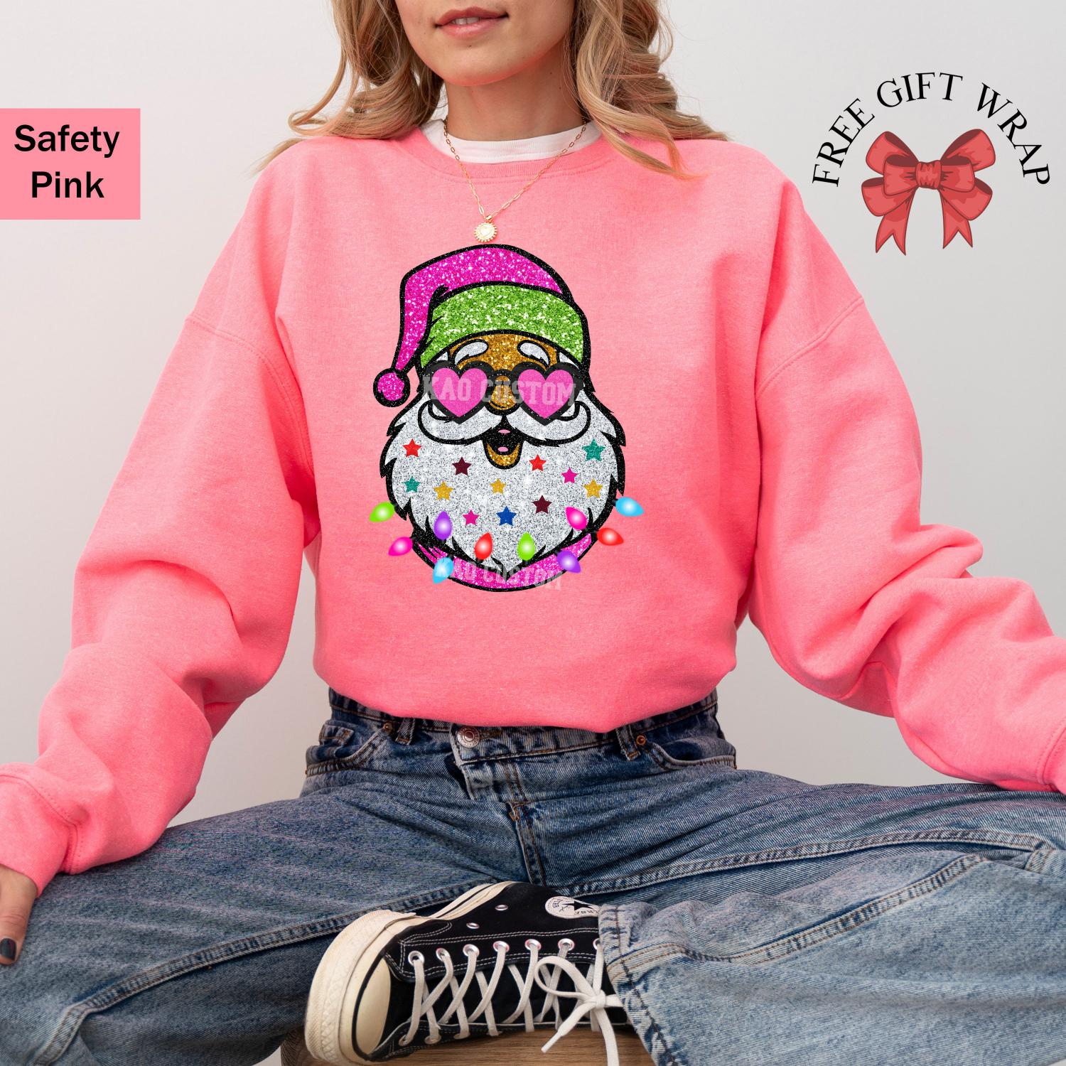 Faux Glitter Santa Sweatshirt: Hot Pink Preppy Christmas Sweater, Kids Xmas Crewneck