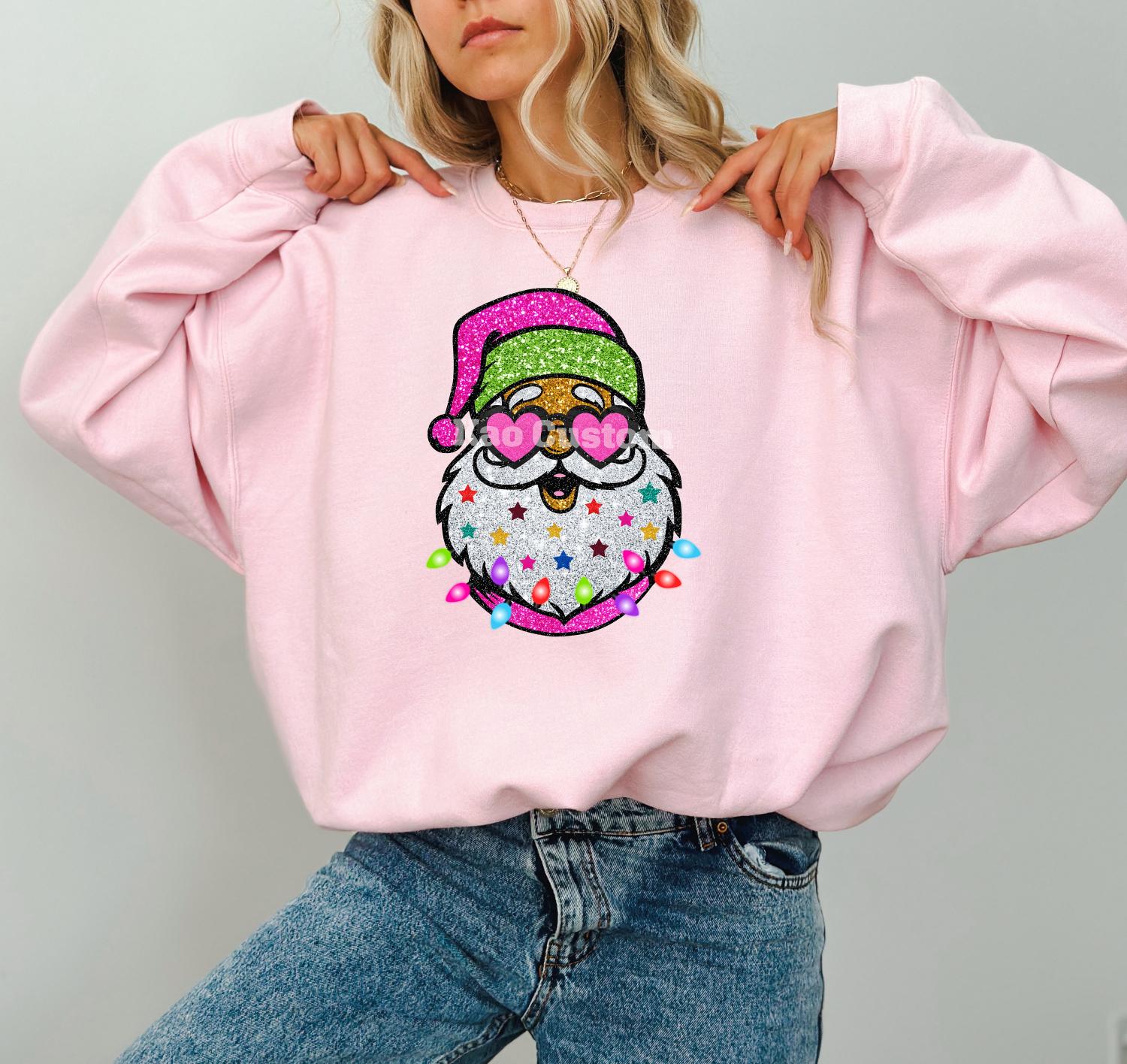 Faux Glitter Santa Sweatshirt: Hot Pink Preppy Christmas Sweater, Kids Xmas Crewneck