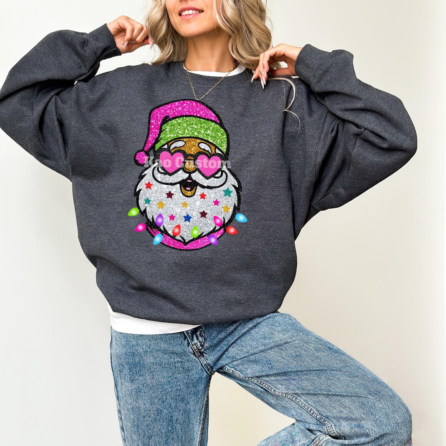 Faux Glitter Santa Sweatshirt: Hot Pink Preppy Christmas Sweater, Kids Xmas Crewneck