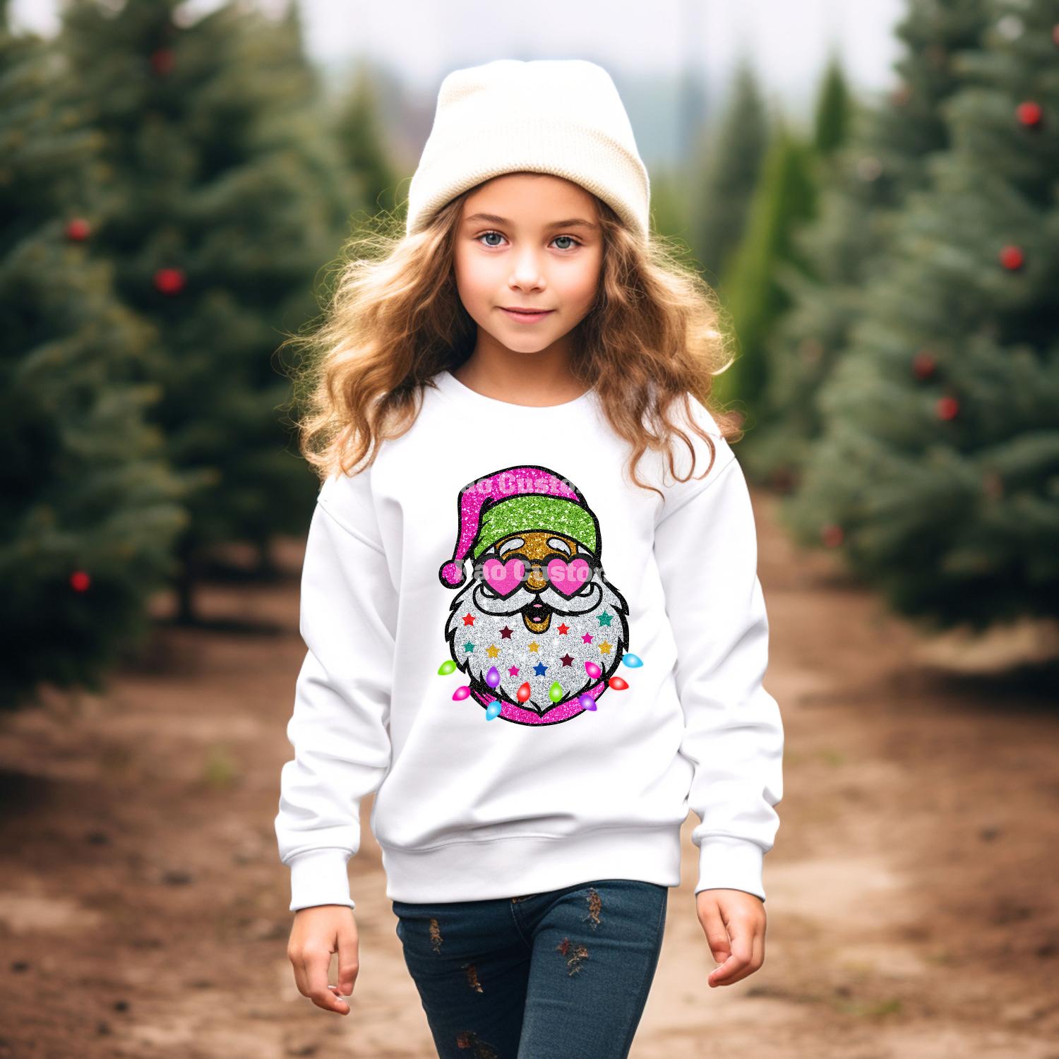Faux Glitter Santa Sweatshirt: Hot Pink Preppy Christmas Sweater, Kids Xmas Crewneck