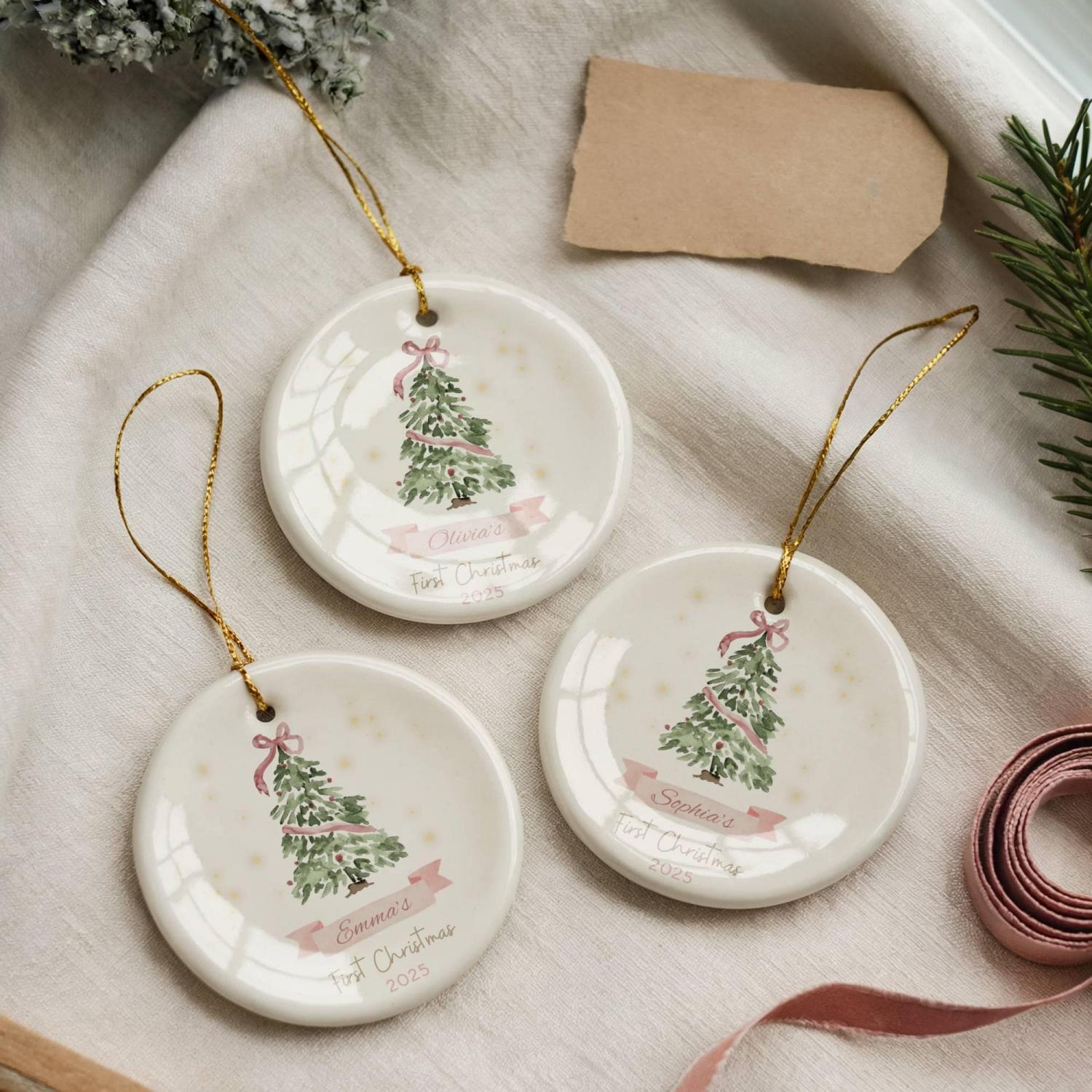 Baby First Christmas Ornament 2025, Personalized First Christmas Ornament Baby Girl Name, Baby Shower Gift, Baby Family Keepsake, Pink Bows