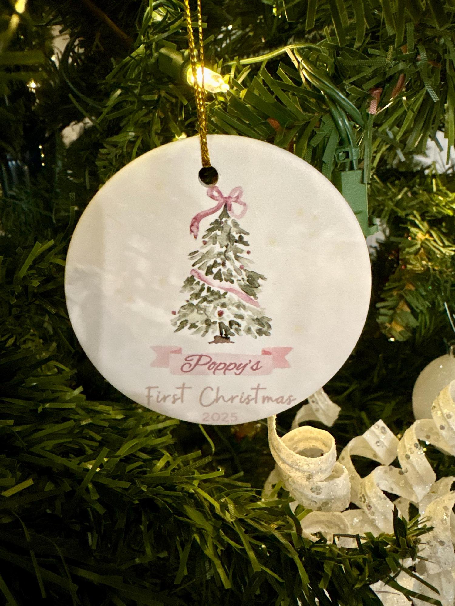 Baby First Christmas Ornament 2025, Personalized First Christmas Ornament Baby Girl Name, Baby Shower Gift, Baby Family Keepsake, Pink Bows