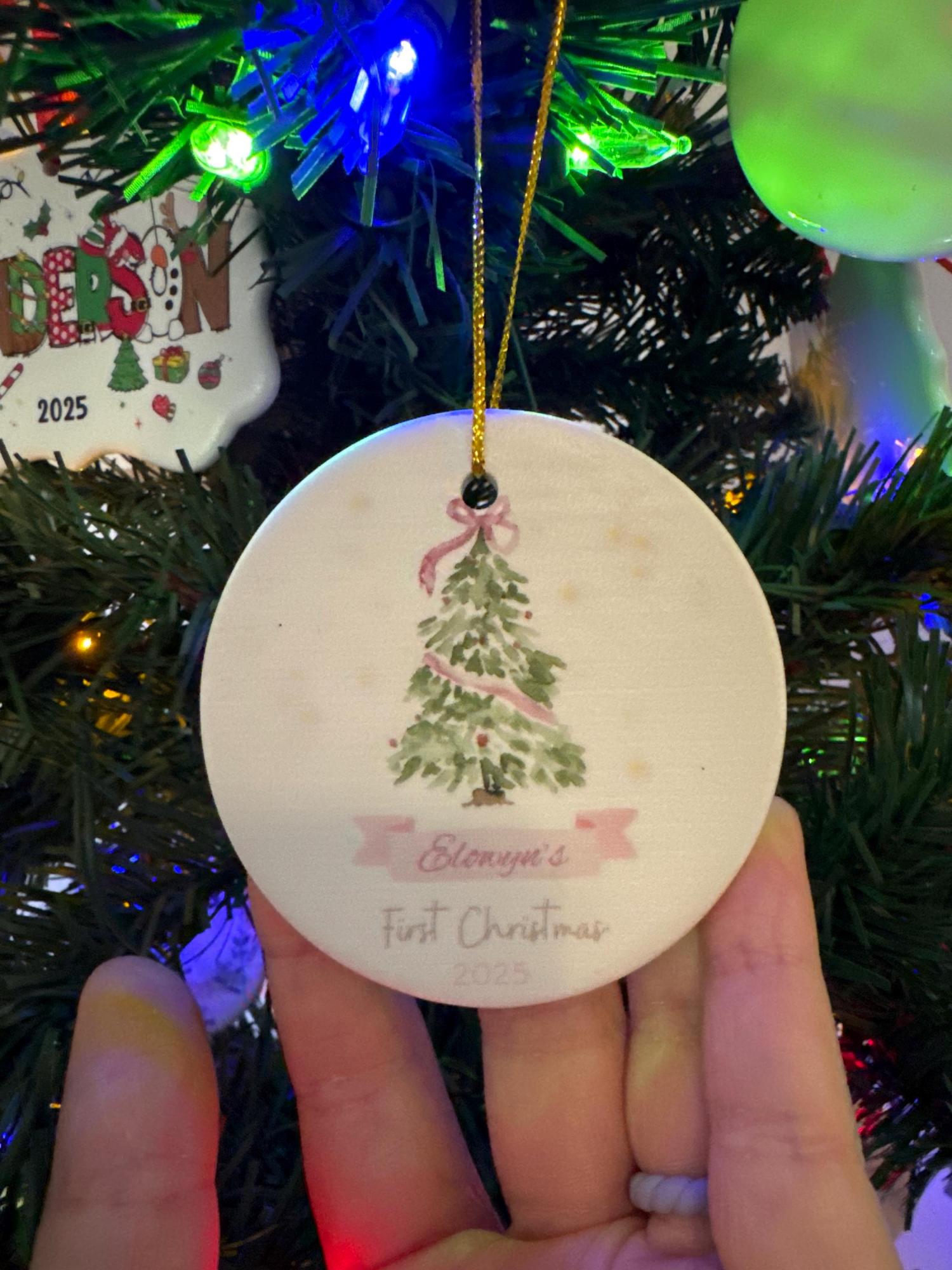 Baby First Christmas Ornament 2025, Personalized First Christmas Ornament Baby Girl Name, Baby Shower Gift, Baby Family Keepsake, Pink Bows