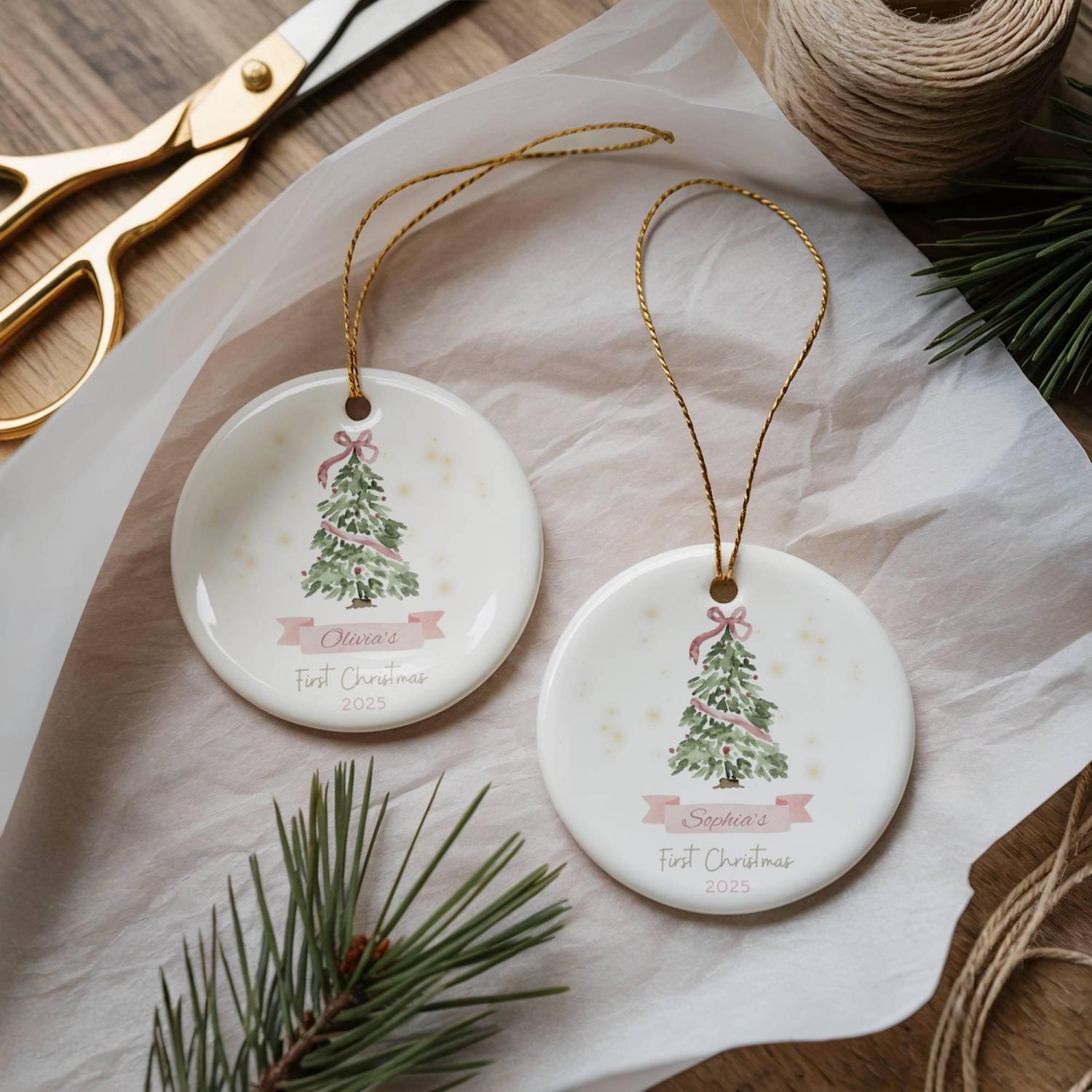 Baby First Christmas Ornament 2025, Personalized First Christmas Ornament Baby Girl Name, Baby Shower Gift, Baby Family Keepsake, Pink Bows