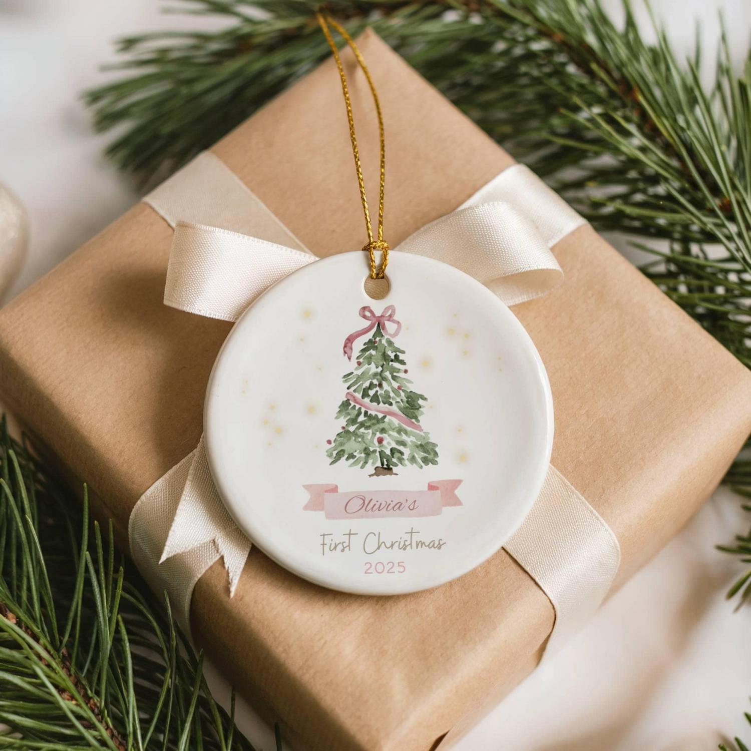 Baby First Christmas Ornament 2025, Personalized First Christmas Ornament Baby Girl Name, Baby Shower Gift, Baby Family Keepsake, Pink Bows