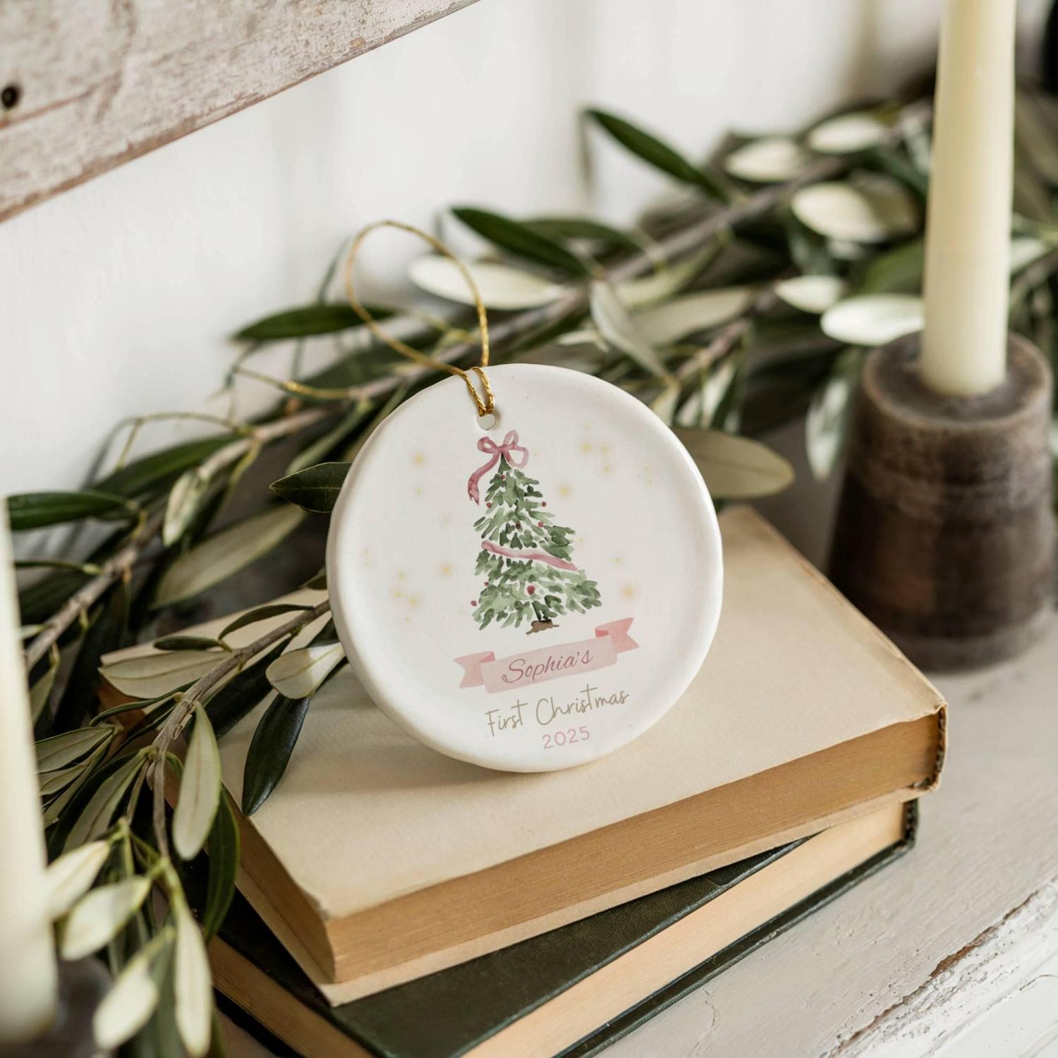 Baby First Christmas Ornament 2025, Personalized First Christmas Ornament Baby Girl Name, Baby Shower Gift, Baby Family Keepsake, Pink Bows