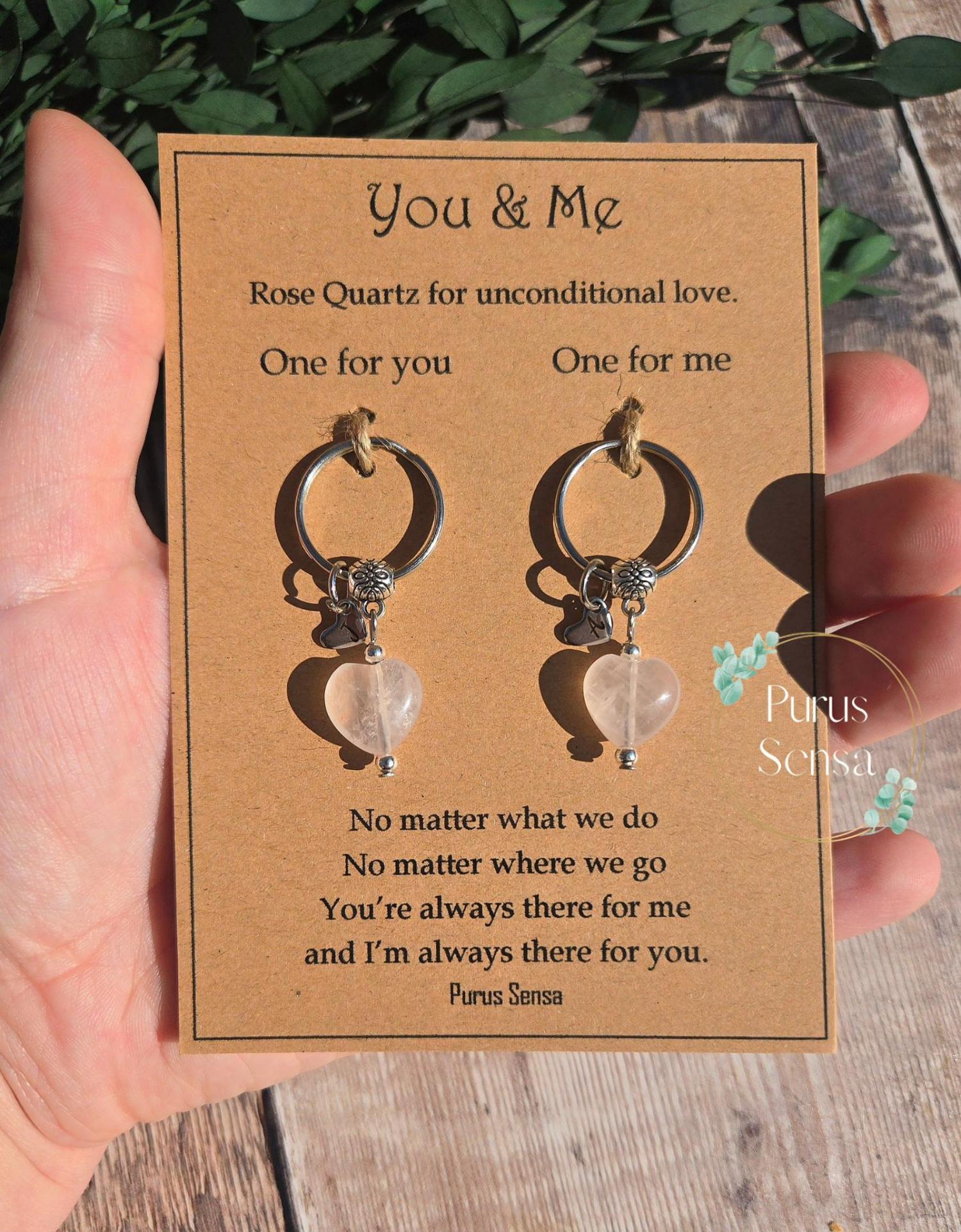 Crystal gift set. matching keyrings for friendship, bestie, sister, lover, boyfriend, girlfriend. rose quartz. birthday gift. Love Gift set