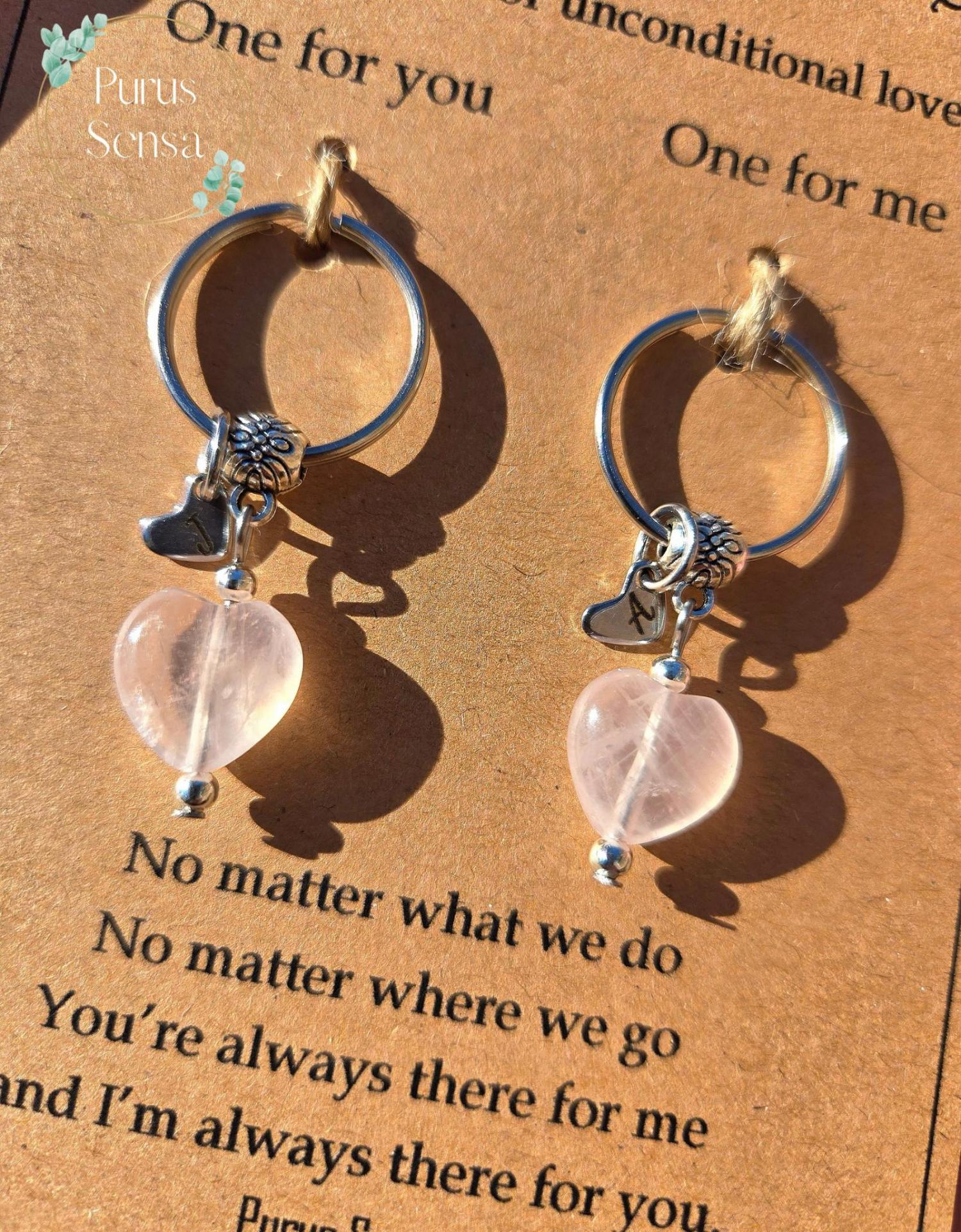 Crystal gift set. matching keyrings for friendship, bestie, sister, lover, boyfriend, girlfriend. rose quartz. birthday gift. Love Gift set