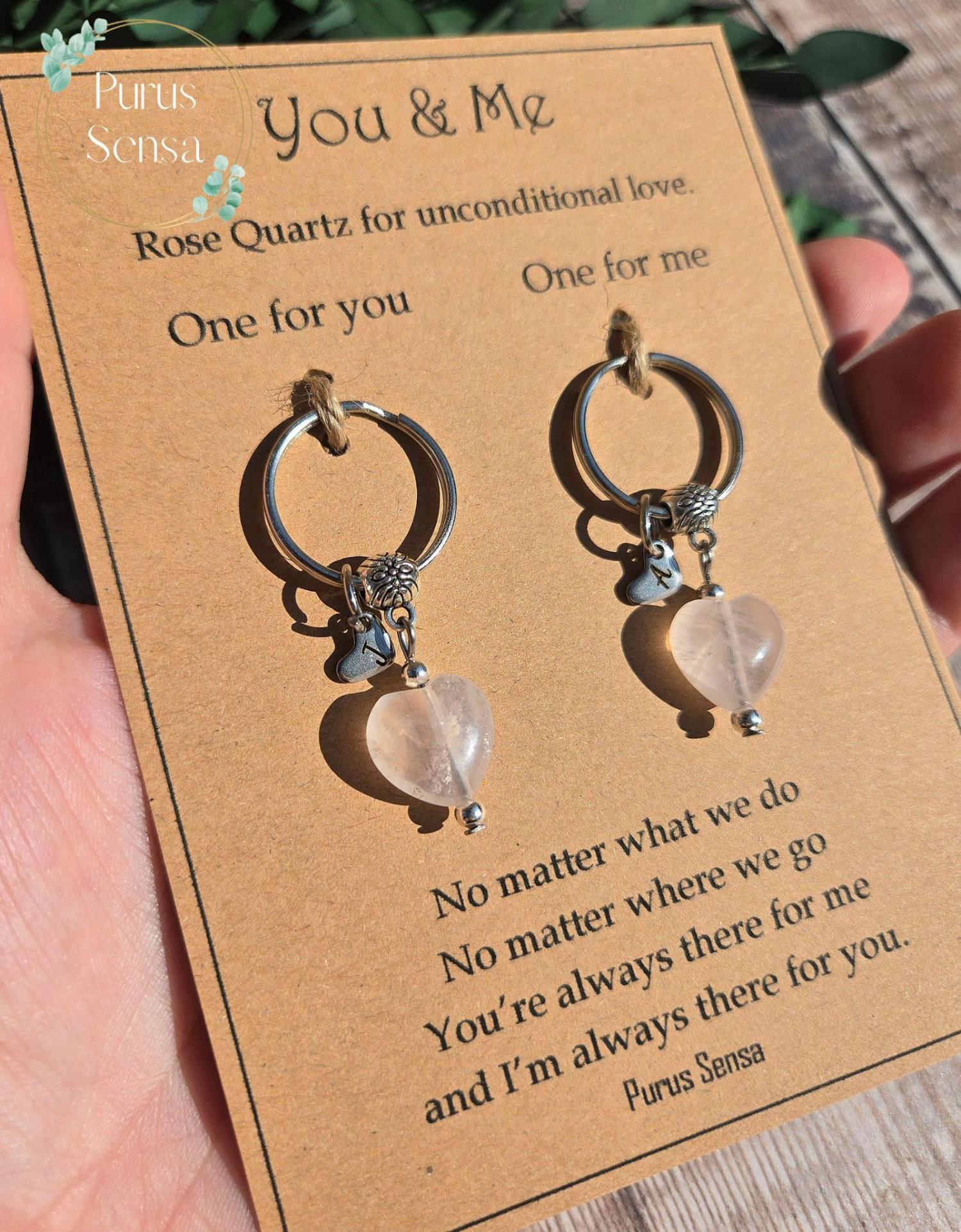 Crystal gift set. matching keyrings for friendship, bestie, sister, lover, boyfriend, girlfriend. rose quartz. birthday gift. Love Gift set